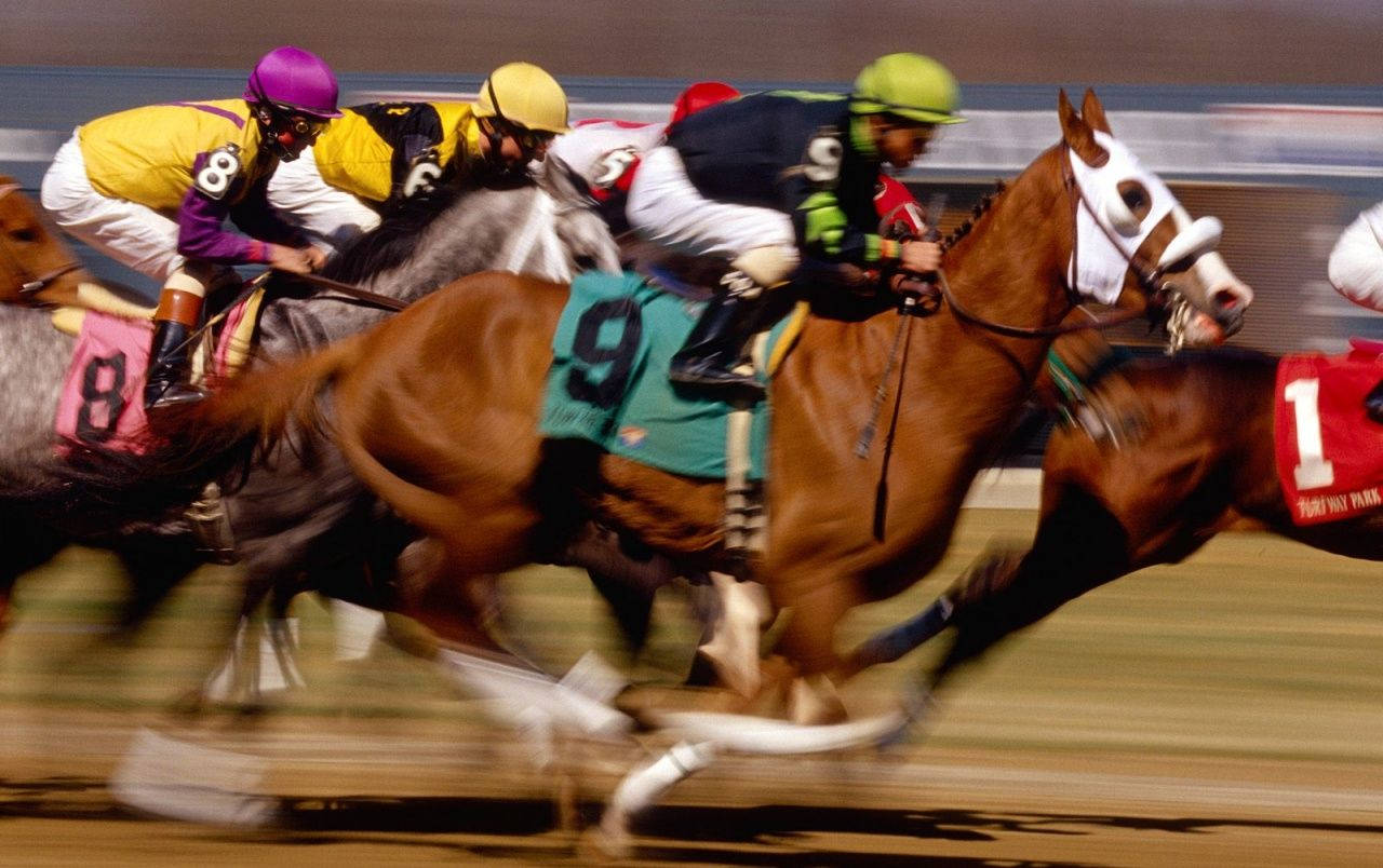 Horse Racing 桌布 壁紙 — 騎師身穿色彩繽紛的絲綢，在明亮的燈光下於泥地賽道上策騎奔騰的馬匹，呈現動態模糊效果。