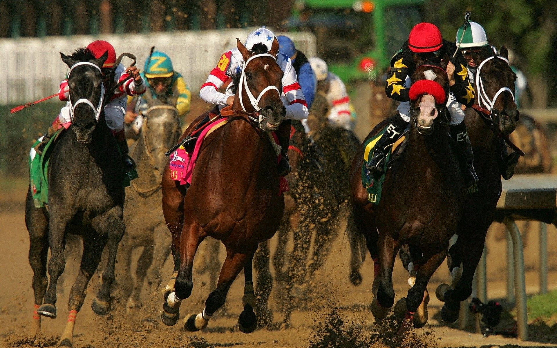 Horse Racing 桌布 壁紙 — 騎師身穿色彩繽紛的絲綢，策騎奔騰的駿馬，在陽光普照的賽道上揚起泥土。