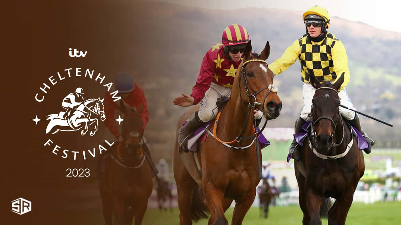 Cheltenham Festival 桌布 壁紙 — 騎師身穿色彩繽紛的綵衣，在草地賽道上策騎純種馬競賽，背景是連綿起伏的山丘。