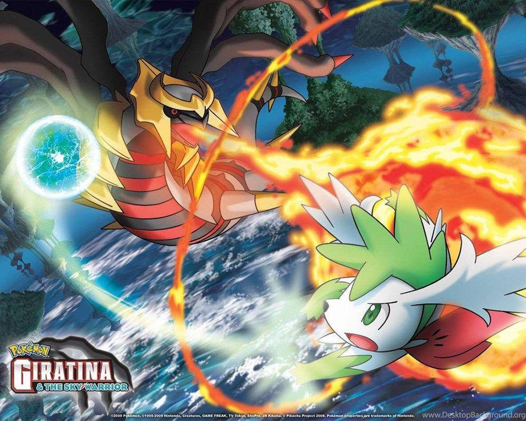 Shaymin 桌布 壁紙 — 騎拉帝納與別種形態的騎拉帝納在暴風雨的海面上空交戰，火焰與電擊攻擊激烈碰撞。