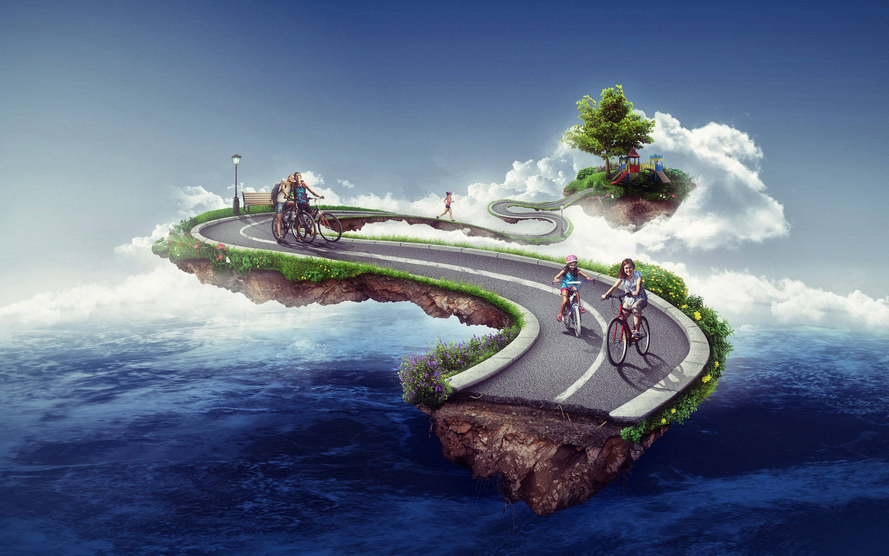 Floating 桌布 壁紙 — 騎自行車的人沿著一條蜿蜒的道路，在漂浮島嶼上，在海洋雲層之上，在清澈的藍天下騎行。