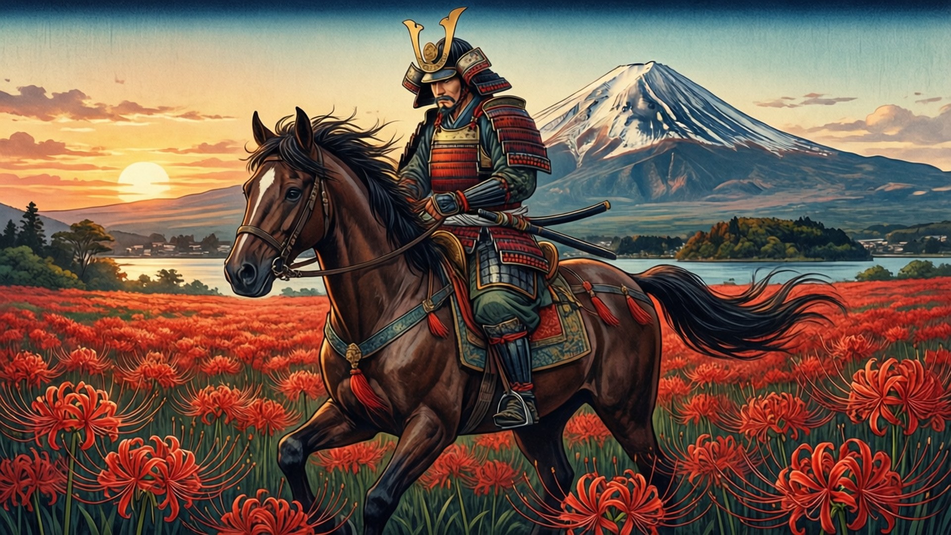騎馬武士 壁紙 — 一位武士騎著黑馬在夕陽下奔馳過紅色的彼岸花田，背景是富士山。