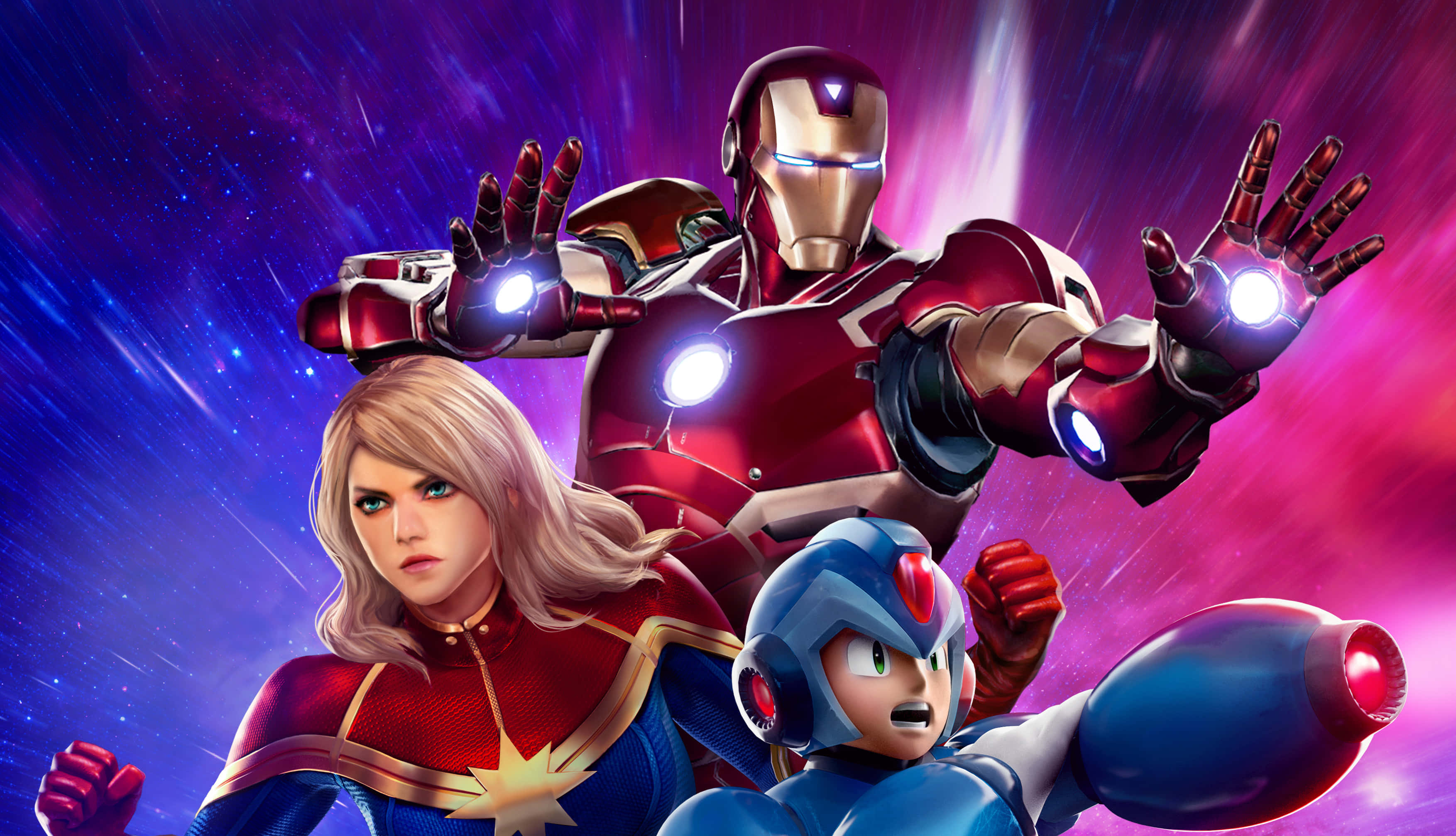 Marvel Vs Capcom Characters 桌布 壁紙 — 驚奇隊長、鋼鐵人和洛克人英勇地站在宇宙紫色和粉紅色星空背景前。