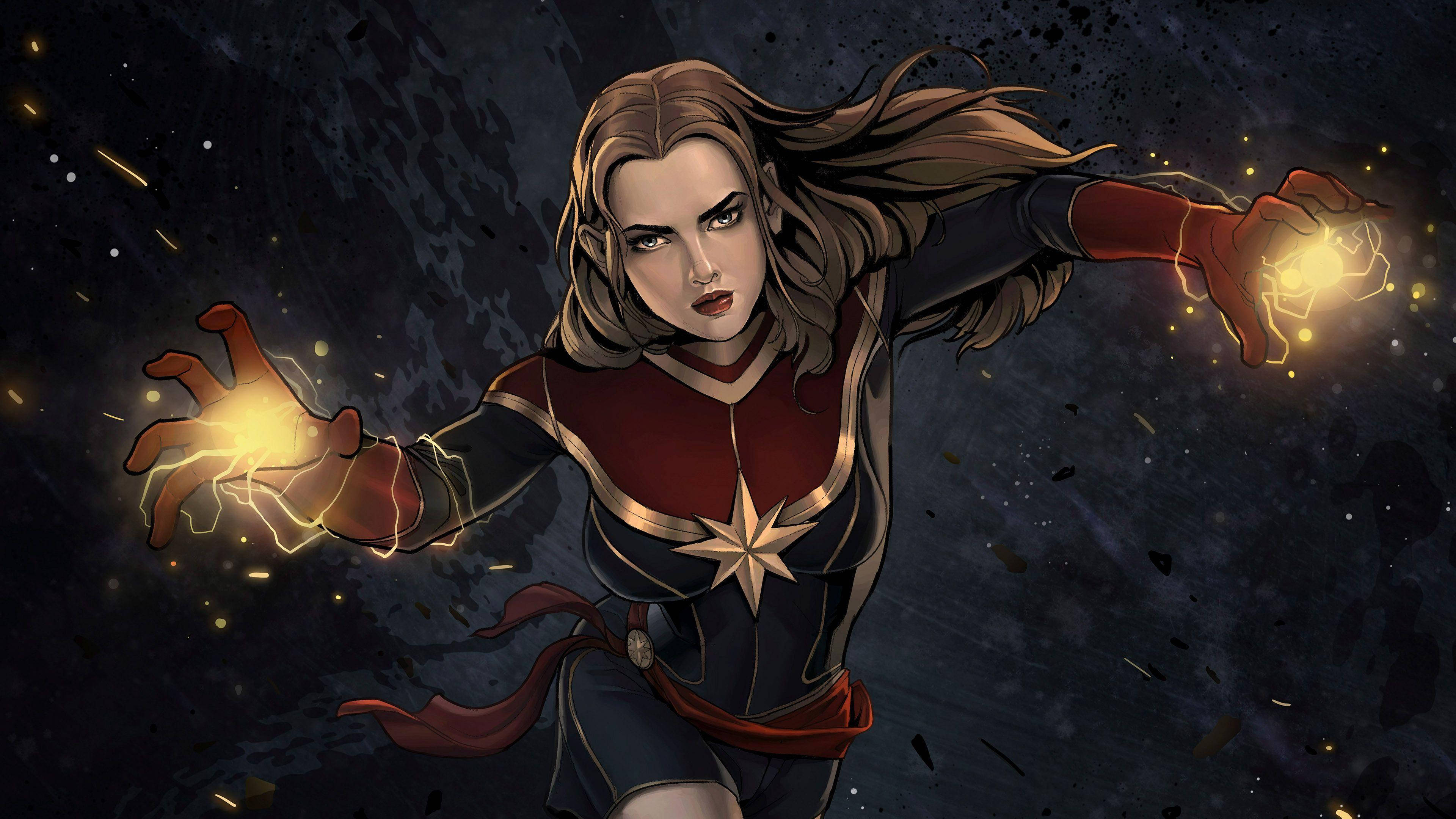 captain marvel 4K 桌布 壁紙 — 驚奇隊長以動感姿態，在充滿星星和碎片的宇宙背景下，從雙手引導發光能量。