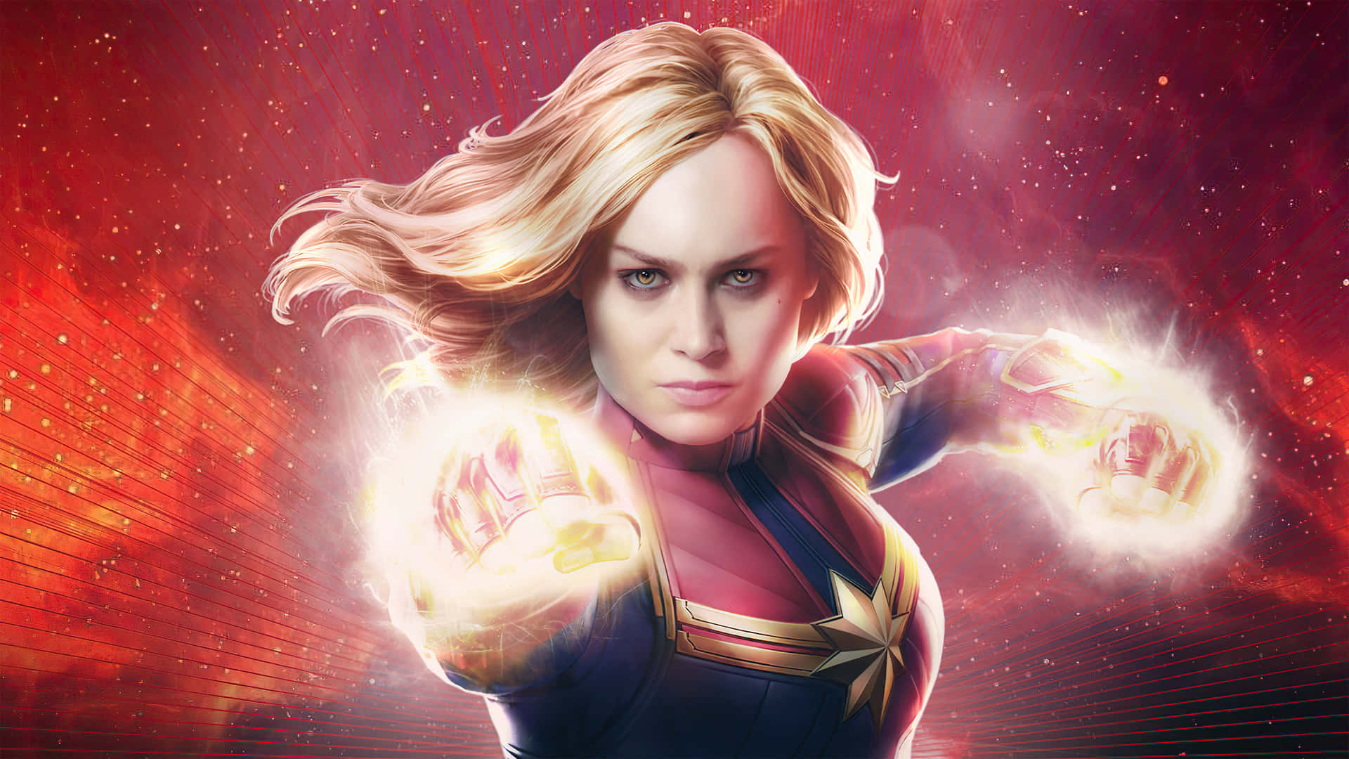 Captain Marvel HD 桌布 壁紙 — 驚奇隊長以發光的能量拳頭強勢站立在熾熱的宇宙紅色背景前。