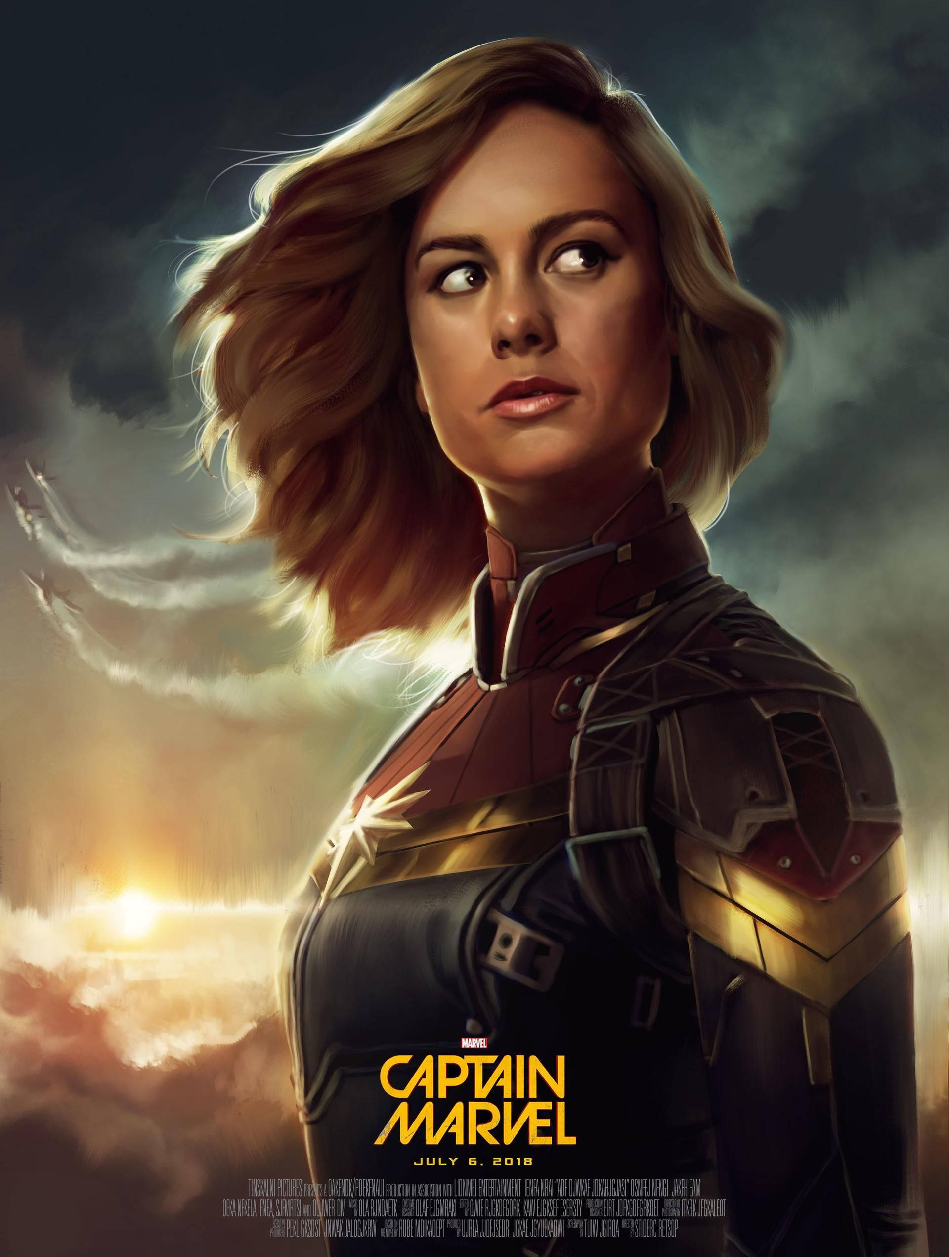 Captain Marvel 桌布 壁紙 — 驚奇隊長以英雄姿勢站立，背景是戲劇性的日落天空，戰鬥機在她身後劃過雲層。