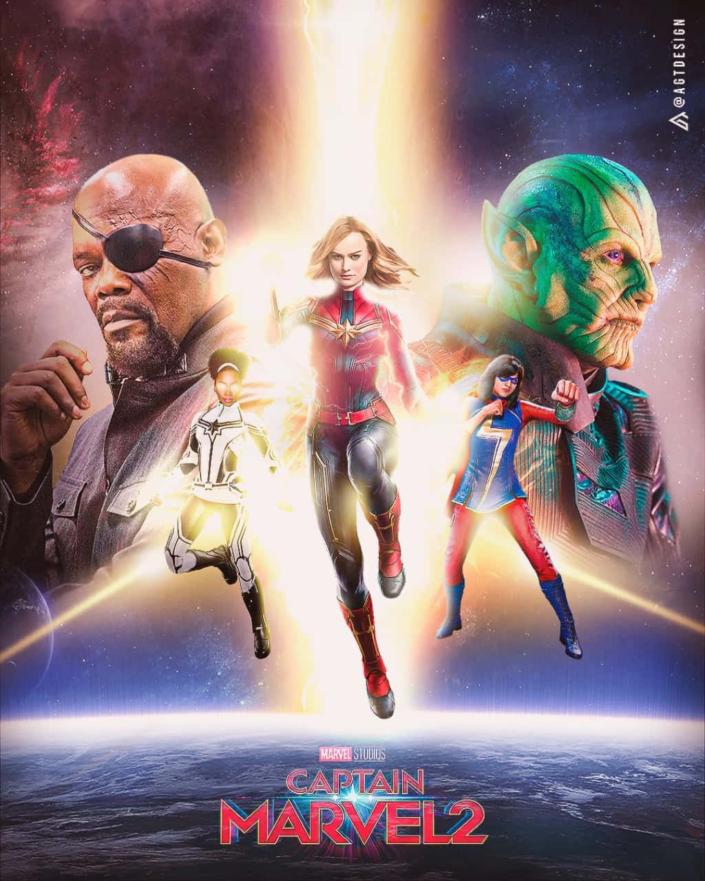 桌布 壁紙 — 驚奇隊長和盟友在星雲背景下，以強烈的表情在地球上空穿過宇宙光芒翱翔。