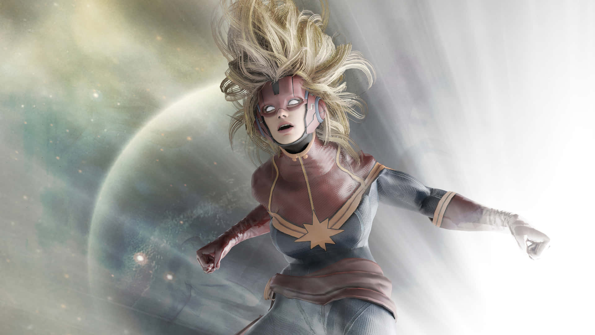 Captain Marvel HD 桌布 壁紙 — 驚奇隊長在宇宙空間中翱翔，一頭狂野金髮，身穿飾有星星的戰衣，背景是發光的行星。