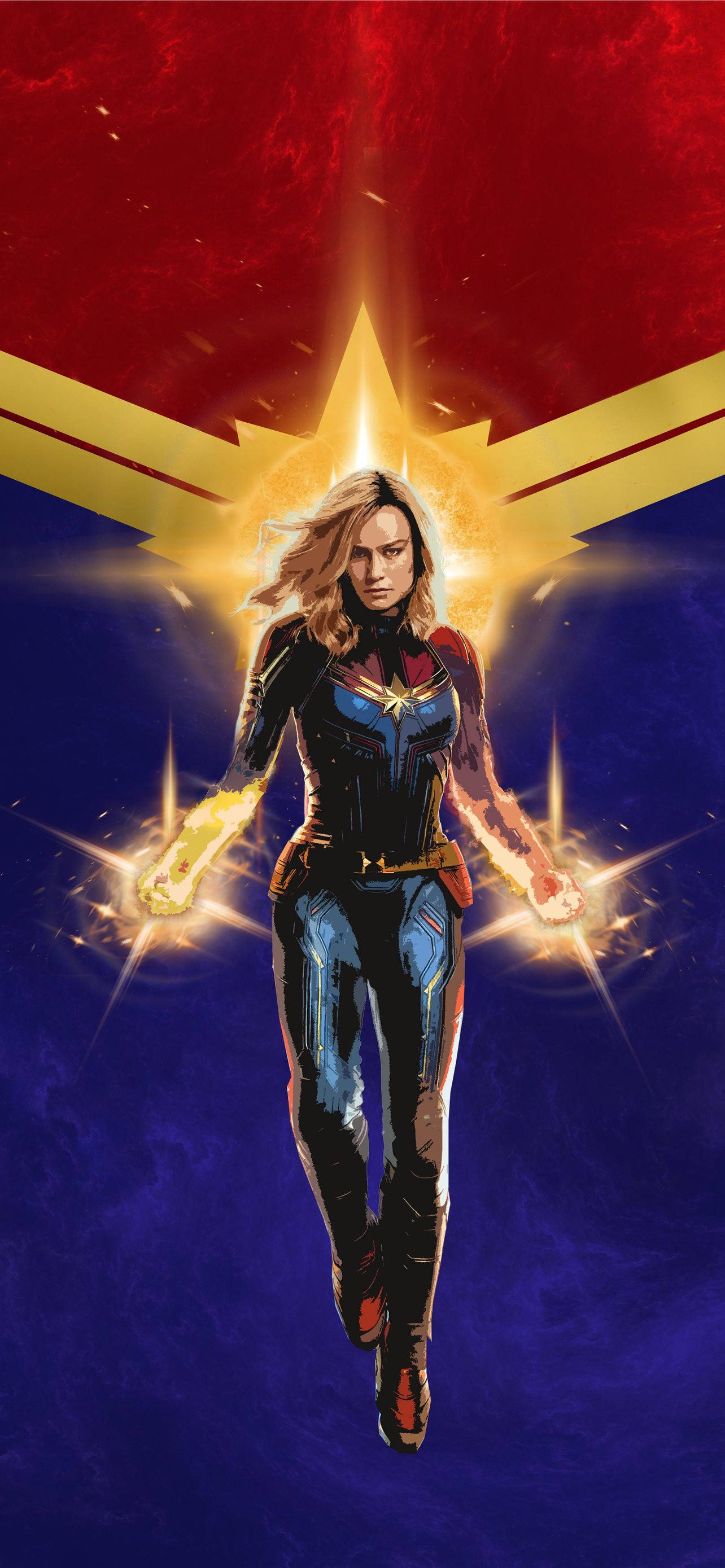 captain marvel iPhone 桌布 壁紙 — 驚奇隊長在宇宙紅藍背景下，閃耀的拳頭和璀璨的星星標誌一同翱翔。