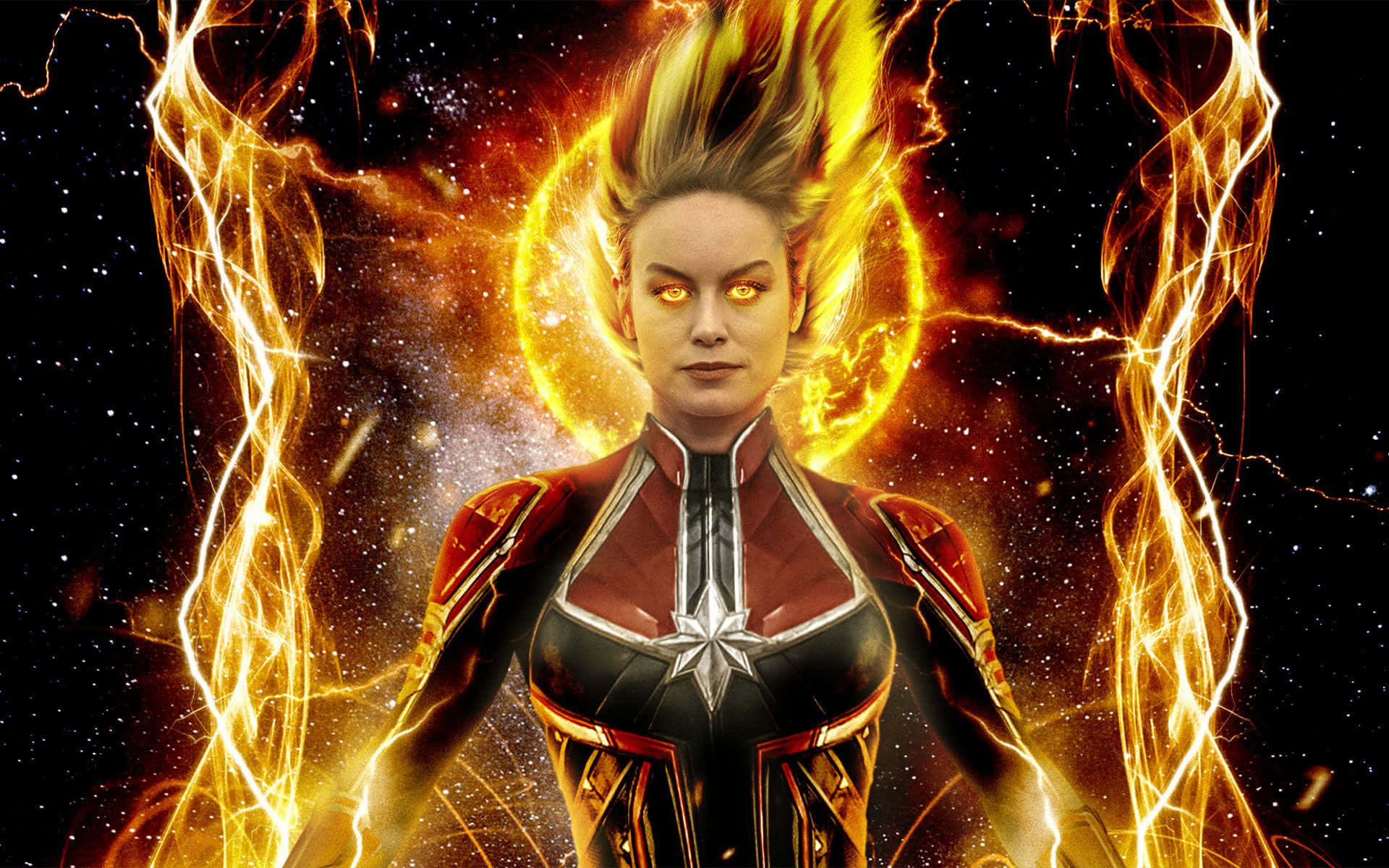 Captain Marvel 桌布 壁紙 — 驚奇隊長在宇宙背景下強勢站立，周圍有發光的黃色能量劈啪作響。