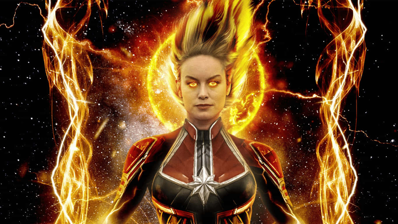 太空 桌布 壁紙 — 驚奇隊長在宇宙背景下強勢站立，熾熱能量在她發光的眼睛和尖刺頭髮周圍劈啪作響。