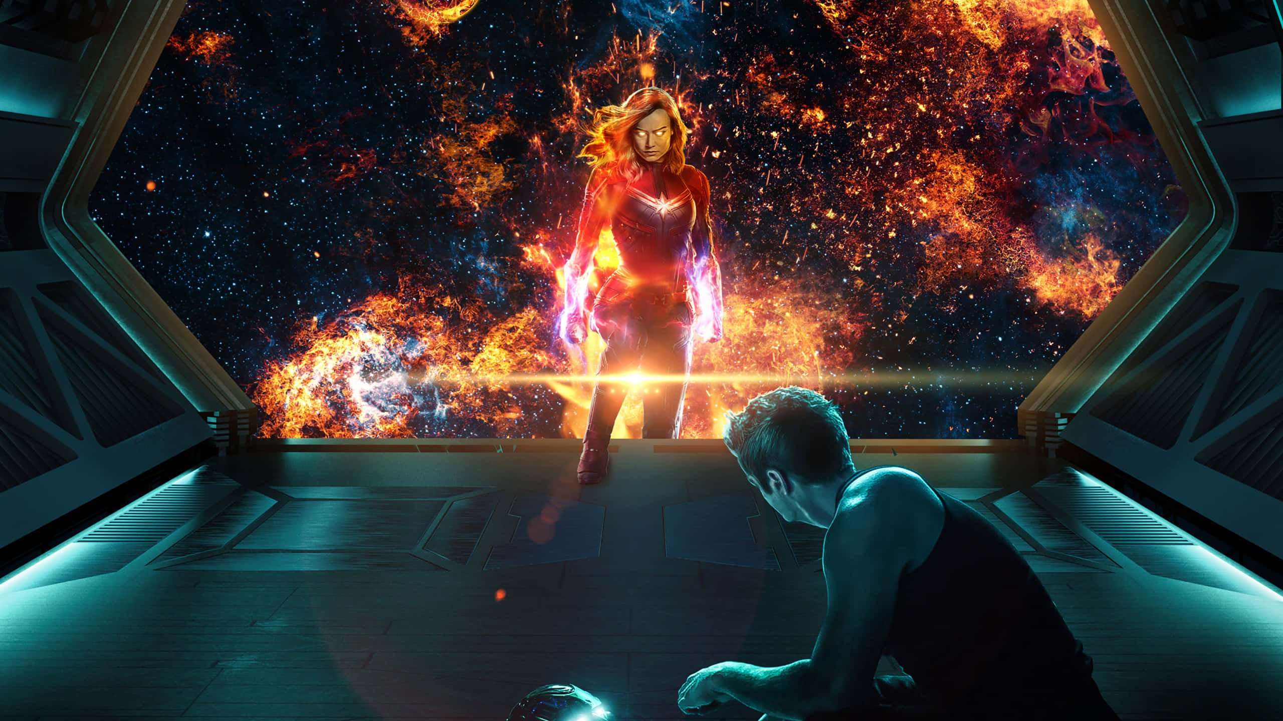 Captain Marvel 3d 桌布 壁紙 — 驚奇隊長在宇宙風暴中閃耀光芒，一名跪著的男子從未來太空船內敬畏地抬頭仰望。