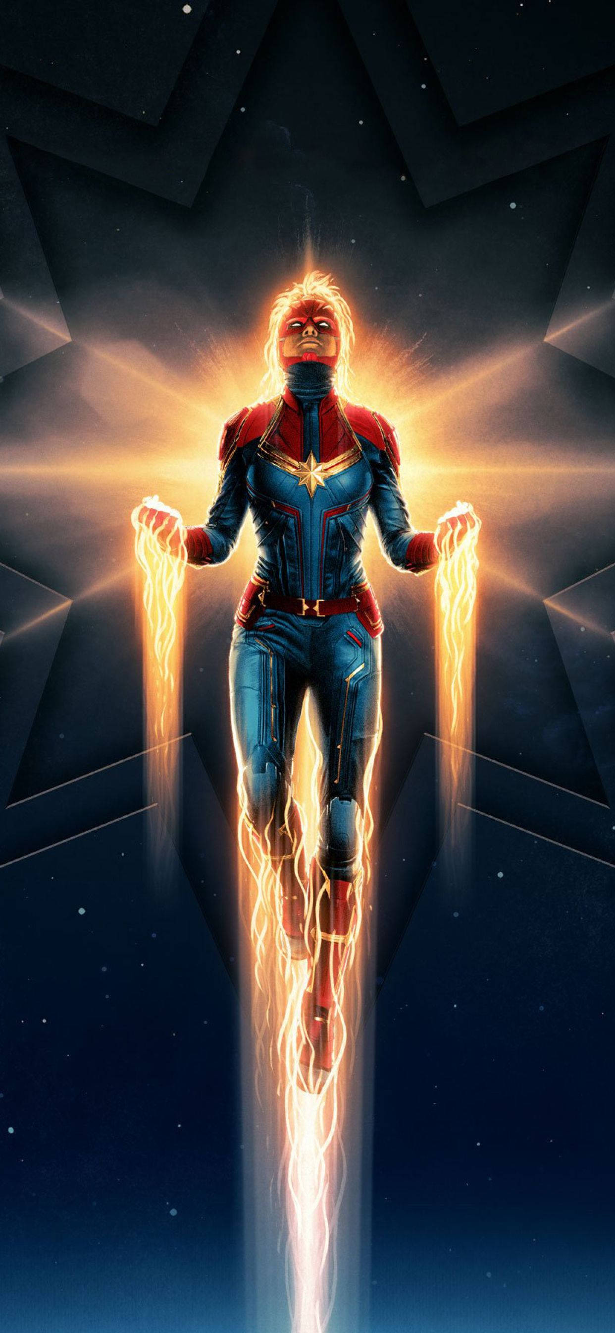 captain marvel iPhone 桌布 壁紙 — 驚奇隊長在星光閃爍的宇宙背景下，伴隨著燦爛的金色能量爆發，穿越太空升騰。