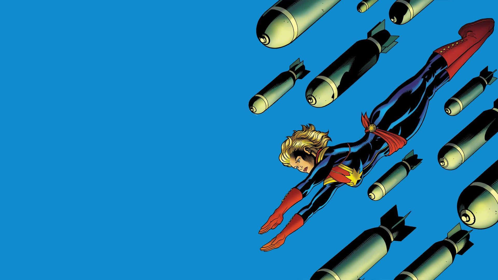 Captain Marvel HD 桌布 壁紙 — 驚奇隊長在晴朗的藍天中翱翔，躲避落下的炸彈，呈現出動態的漫畫動作場景。