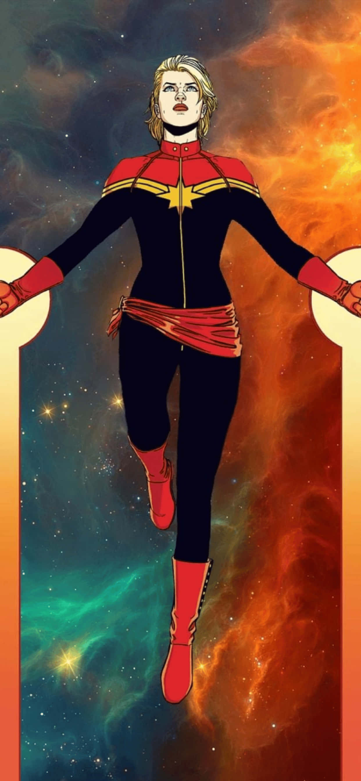 iPhone Xs Max Marvel 桌布 壁紙 — 驚奇隊長在熾熱橙色和星藍色星雲的宇宙背景下英勇漂浮。