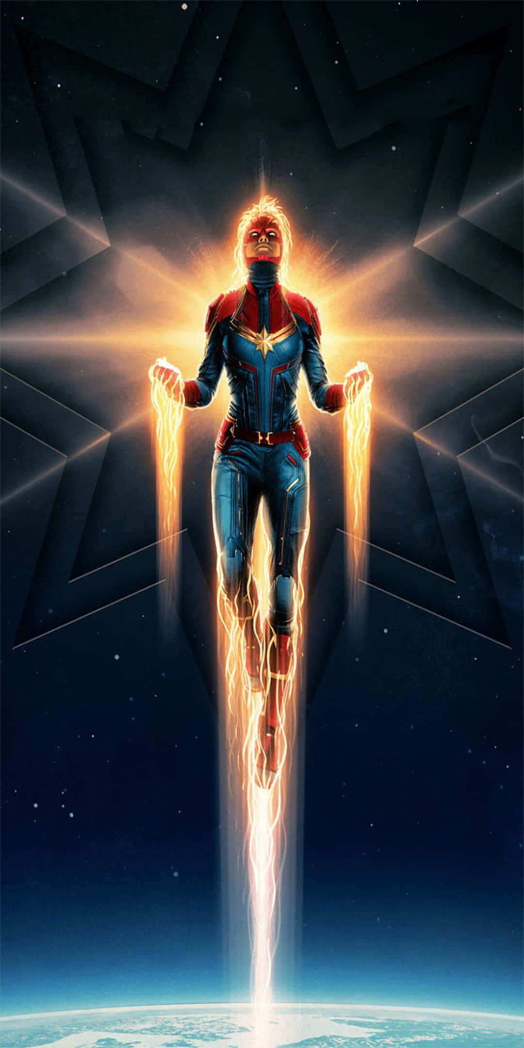 Captain Marvel 桌布 壁紙 — 驚奇隊長在繁星點點的宇宙背景下，雙手發出發光的能量光束，穿越太空上升。