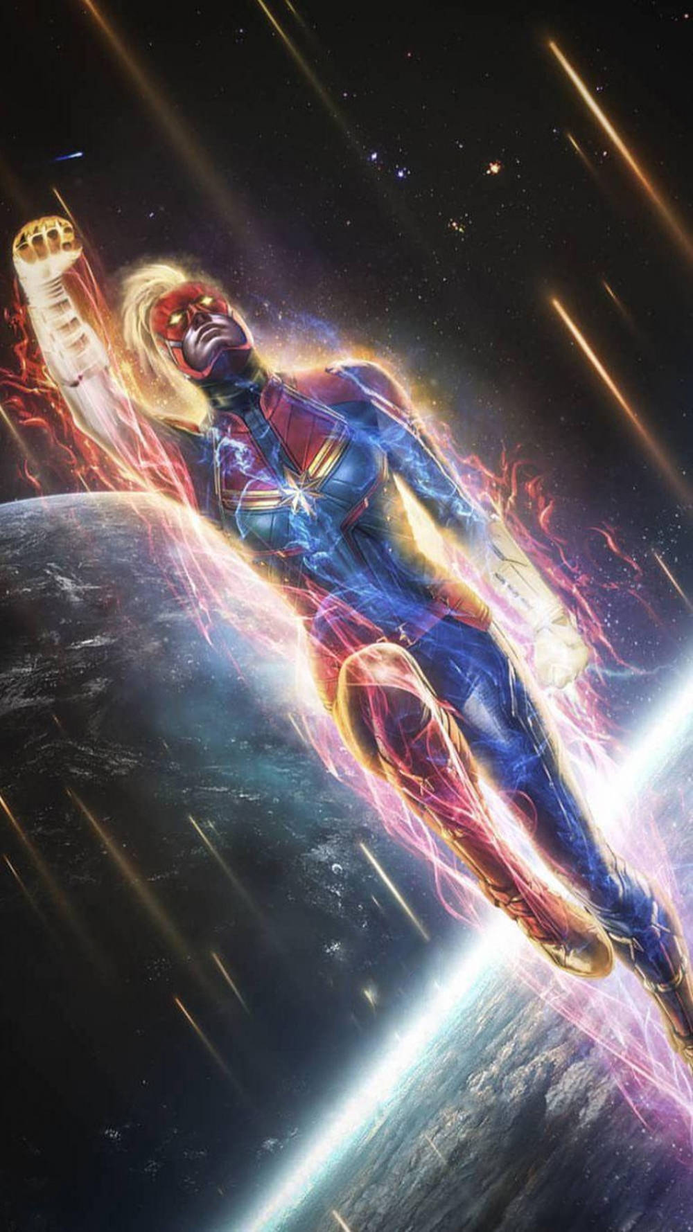 captain marvel iPhone 桌布 壁紙 — 驚奇隊長在行星上空，周圍閃爍著發光的能量，翱翔於太空。