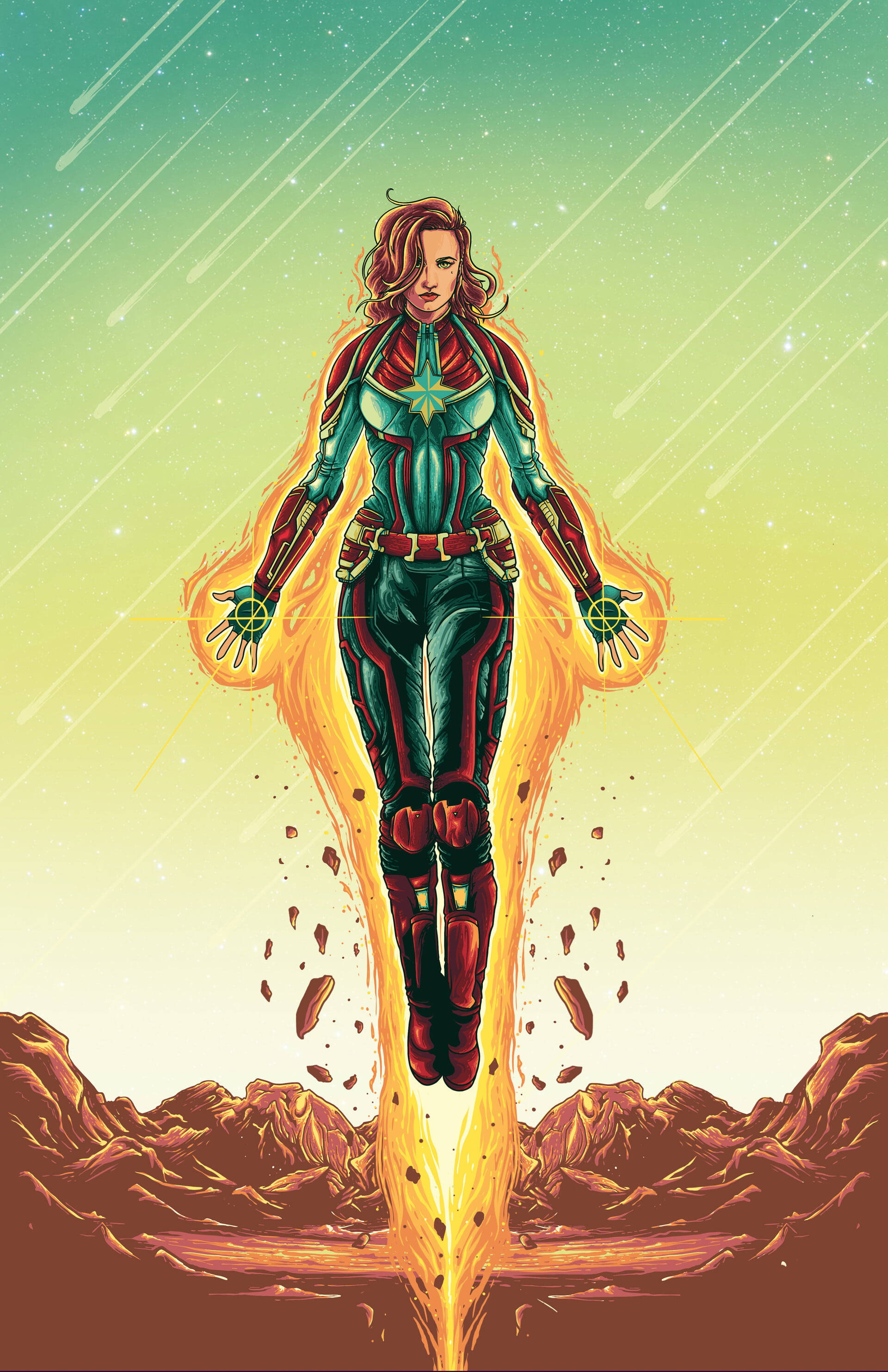 4K marvel iPhone 桌布 壁紙 — 驚奇隊長站在從岩石沙漠景觀中升起的火熱能量光束上，背景是星空。