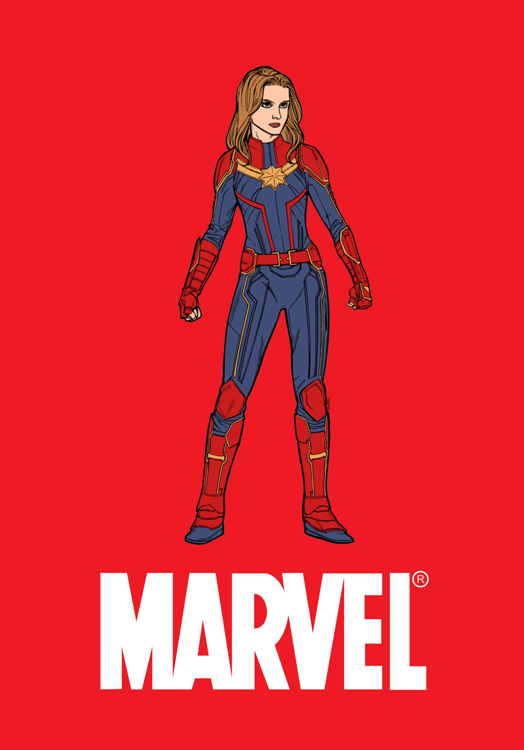 Best Marvel 桌布 壁紙 — 驚奇隊長自信地穿著她的藍色和紅色套裝，站在純紅色背景前，下方有Marvel標誌。