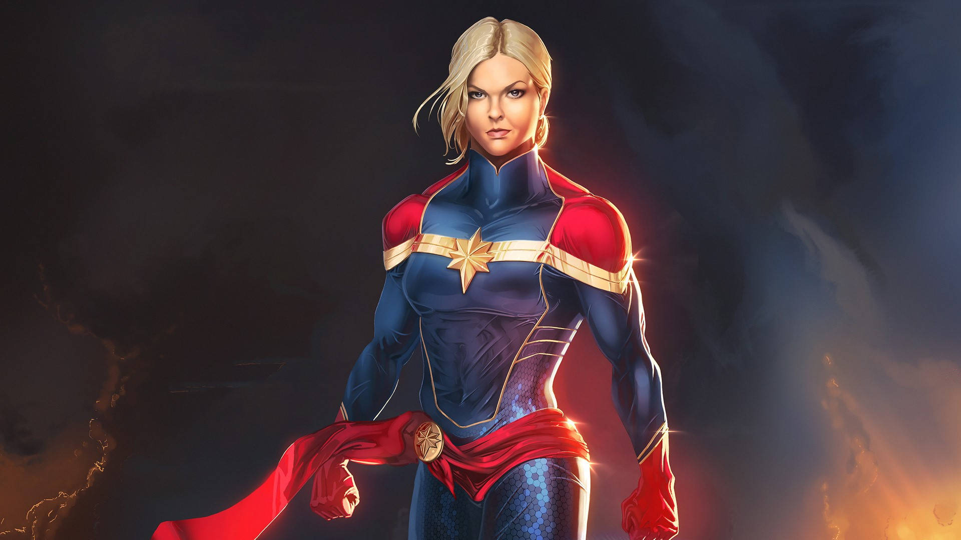 captain marvel 4K 桌布 壁紙 — 驚奇隊長自信地穿著她的藍色和紅色套裝，站在熾熱的黑暗背景前，帶有發光的星星標誌。