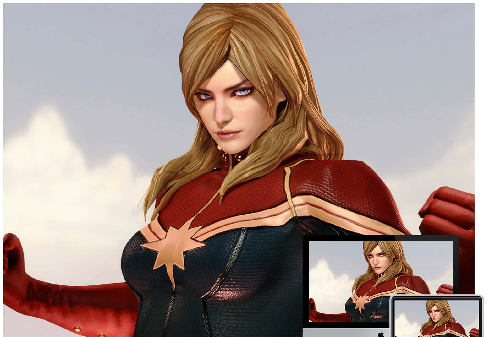 Captain Marvel Comic 桌布 壁紙 — 驚奇隊長自信地站在多雲的天空下，身穿紅藍色服裝，帶有金色星星標誌。