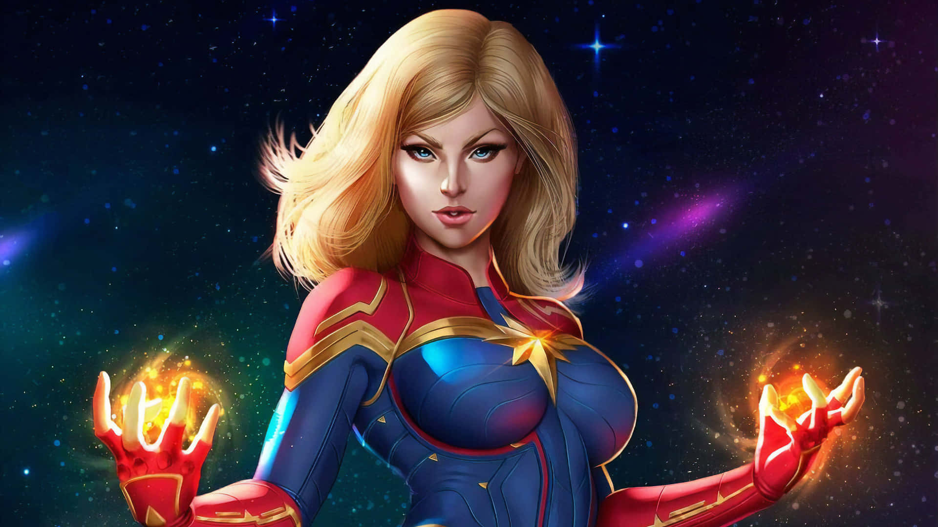 Captain Marvel HD 桌布 壁紙 — 驚奇隊長自信地站在宇宙場景中，手中握著發光的能量球，背景是星光燦爛的星雲。