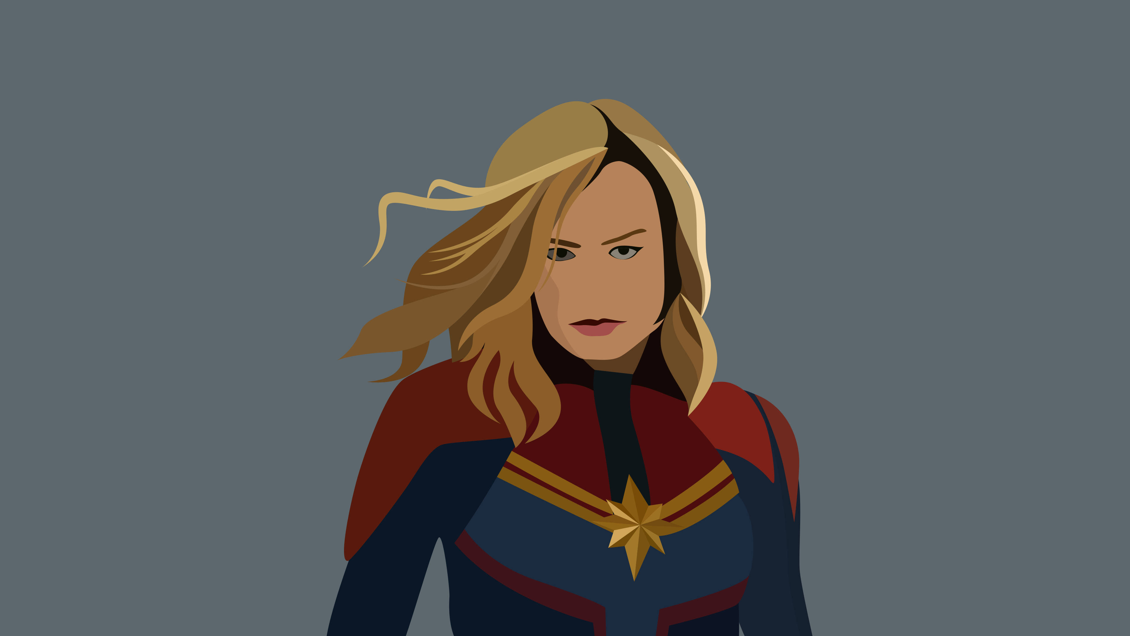 Marvel Minimalist 桌布 壁紙 — 驚奇隊長自信地站立，身穿標誌性的紅藍金色戰衣，背景為純灰色。