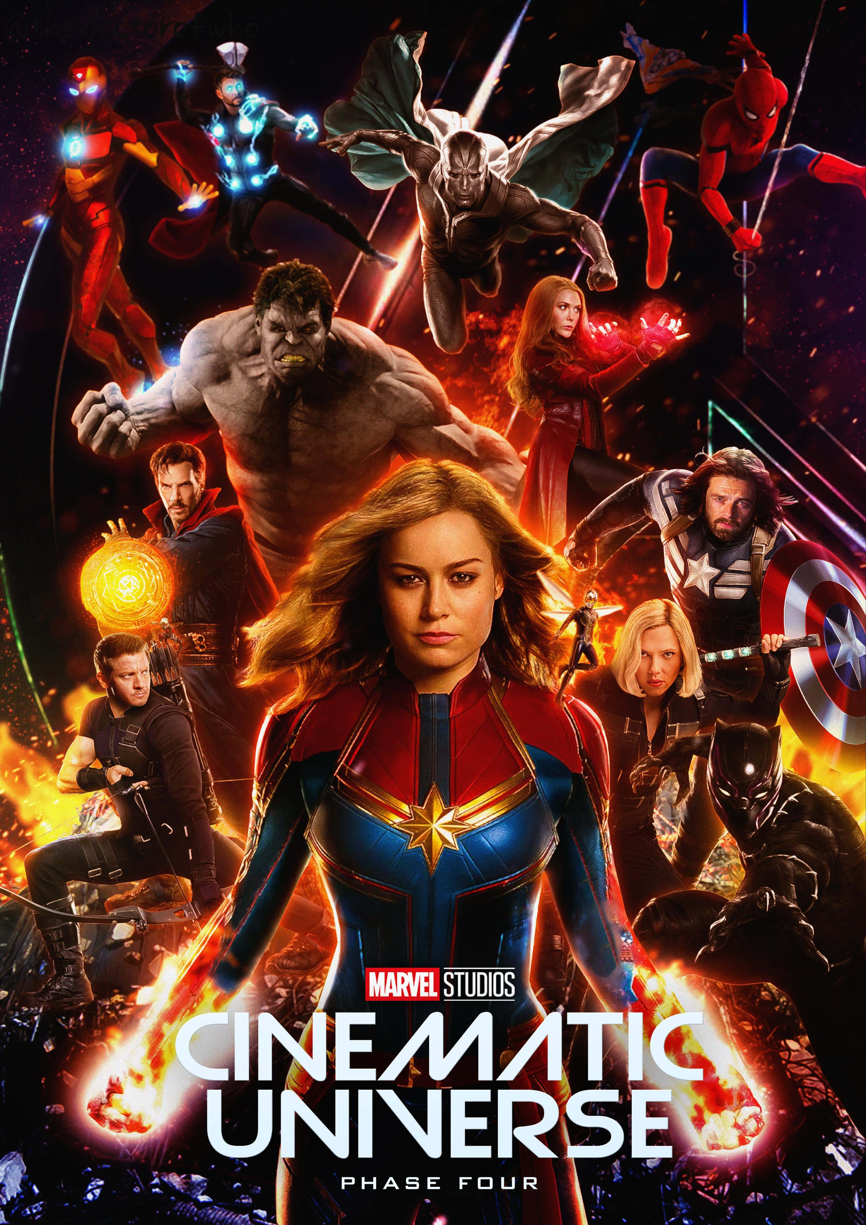 Mcu Phase Four 桌布 壁紙 — 驚奇隊長英勇地站在復仇者聯盟之間，以動態的動作姿勢，背景是熾熱的宇宙。