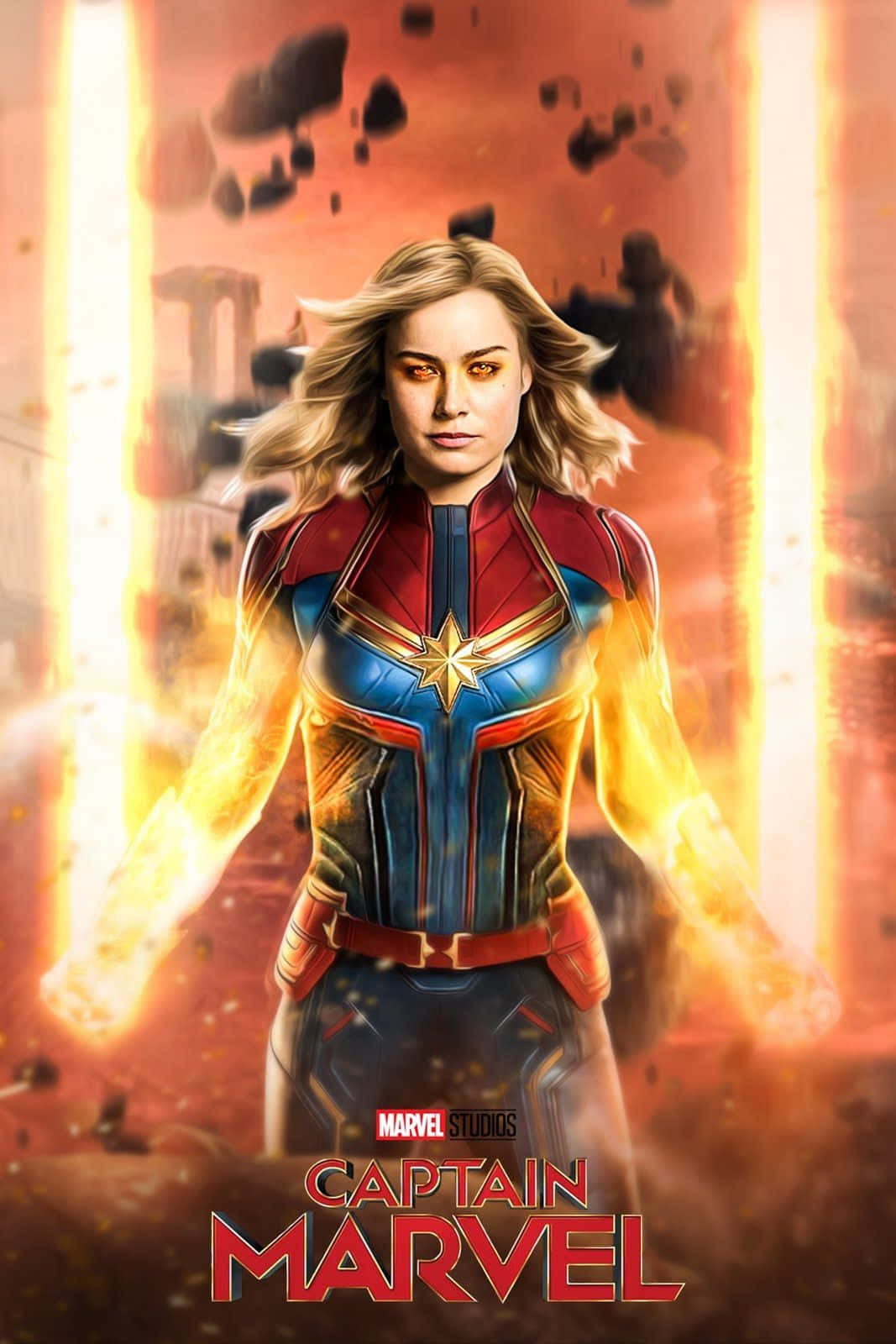 Captain Marvel 桌布 壁紙 — 驚奇隊長英勇地站在熾熱的宇宙戰場上，雙手爆發出發光的能量光束。