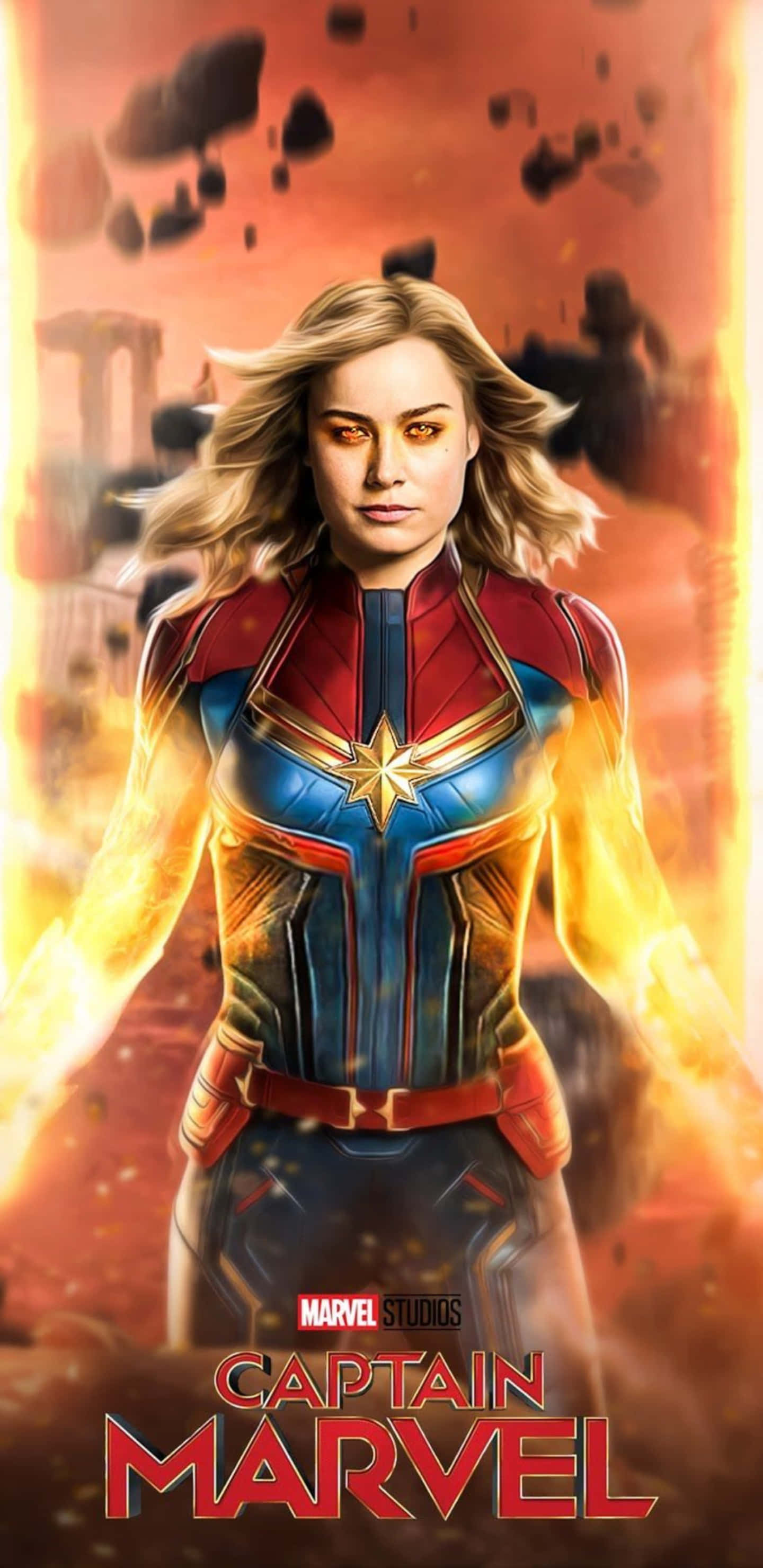 Pixel 3xl Captain Marvel 桌布 壁紙 — 驚奇隊長英勇地站在熾熱的宇宙風暴中，雙臂散發出發光的能量。