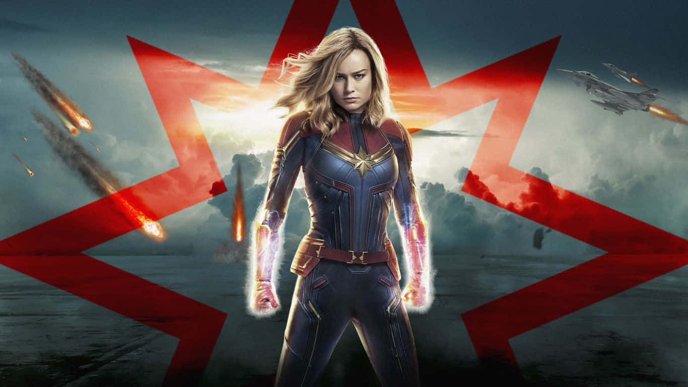 1366x768 Marvel 桌布 壁紙 — 驚奇隊長英勇地站著，拳頭發光，導彈掠過一顆巨大的紅星，背景是暴風雨的天空。