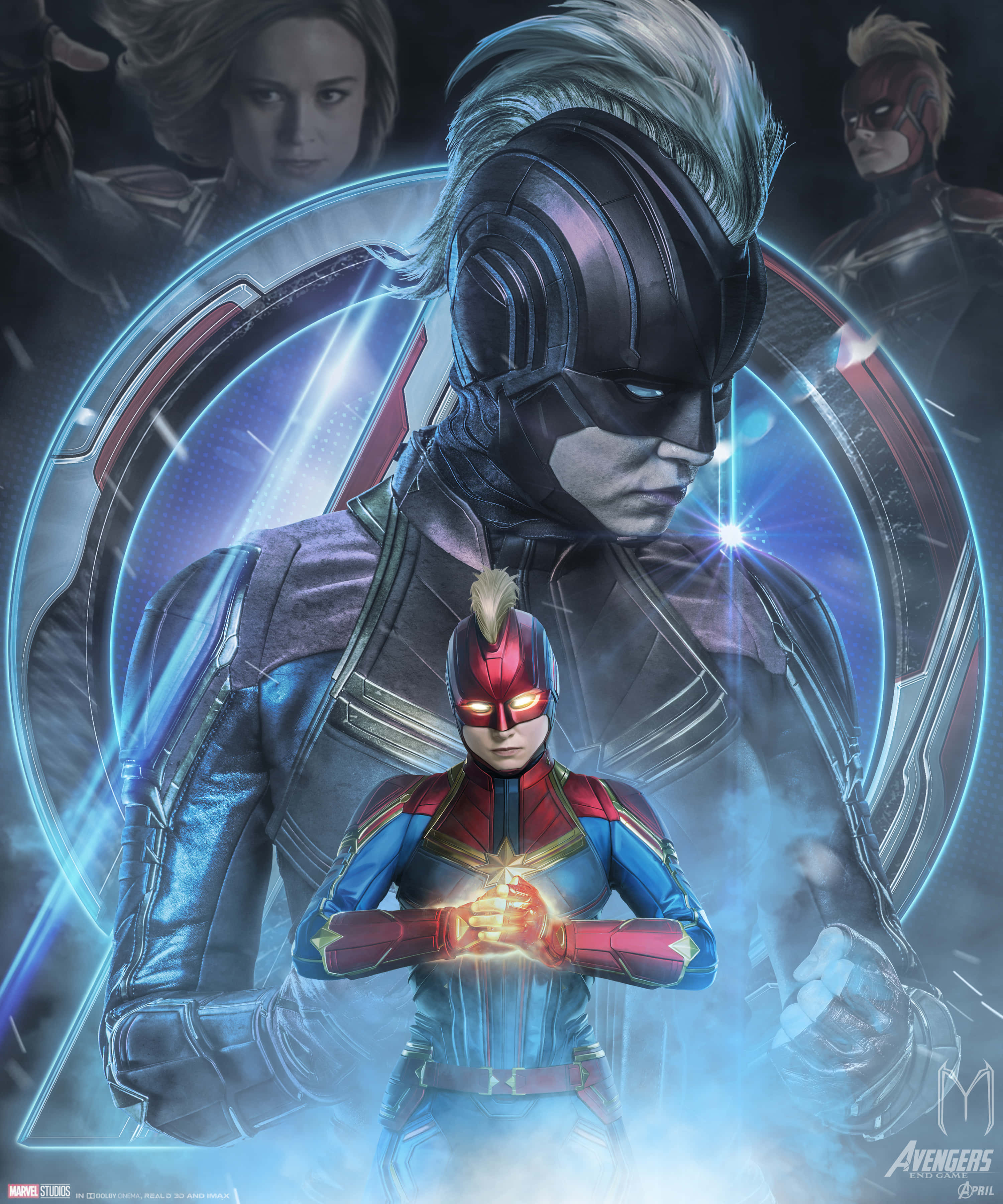 captain marvel iPhone 桌布 壁紙 — 驚奇隊長英雄式地站在發光的復仇者聯盟盾牌前，背景有其他英雄。