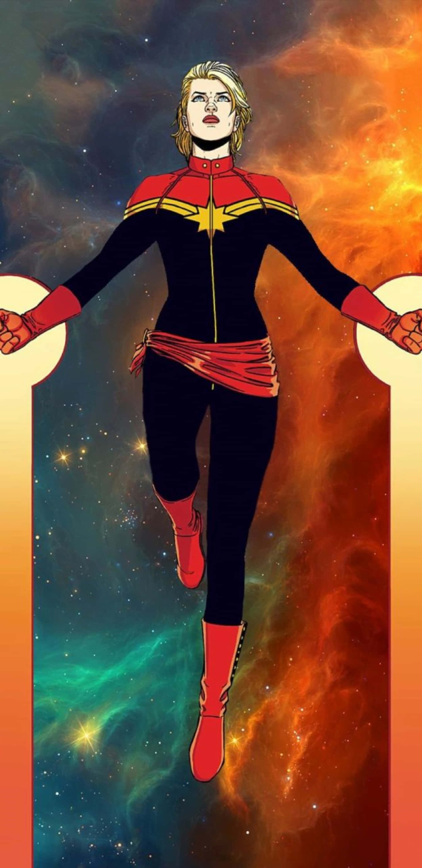 Pixel 3xl Captain Marvel 桌布 壁紙 — 驚奇隊長英雄般地漂浮在熾熱橙色和星光藍綠色星雲的宇宙背景前。