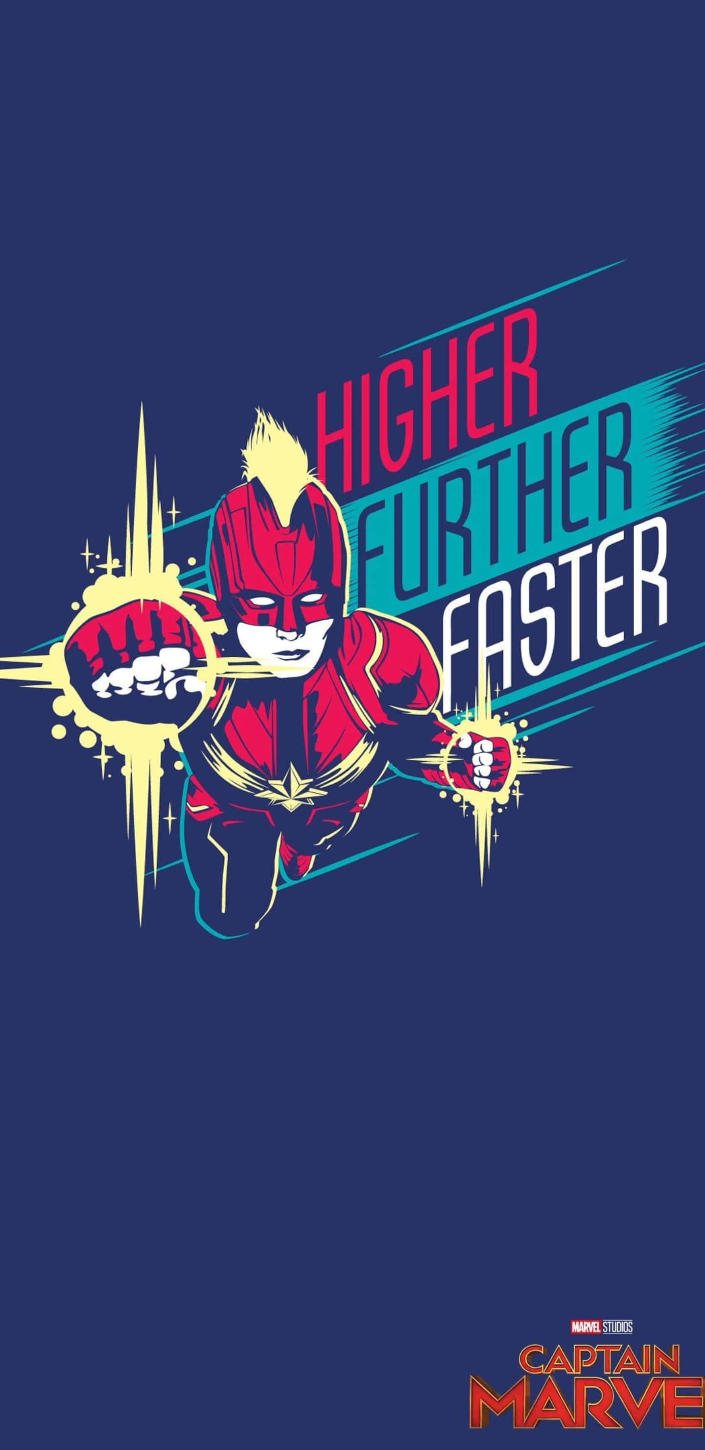 Pixel 3xl Captain Marvel 桌布 壁紙 — 驚奇隊長身穿紅藍戰衣，在深藍色背景上以發光的拳頭向前出拳，並有粗體文字寫著 higher further faster。