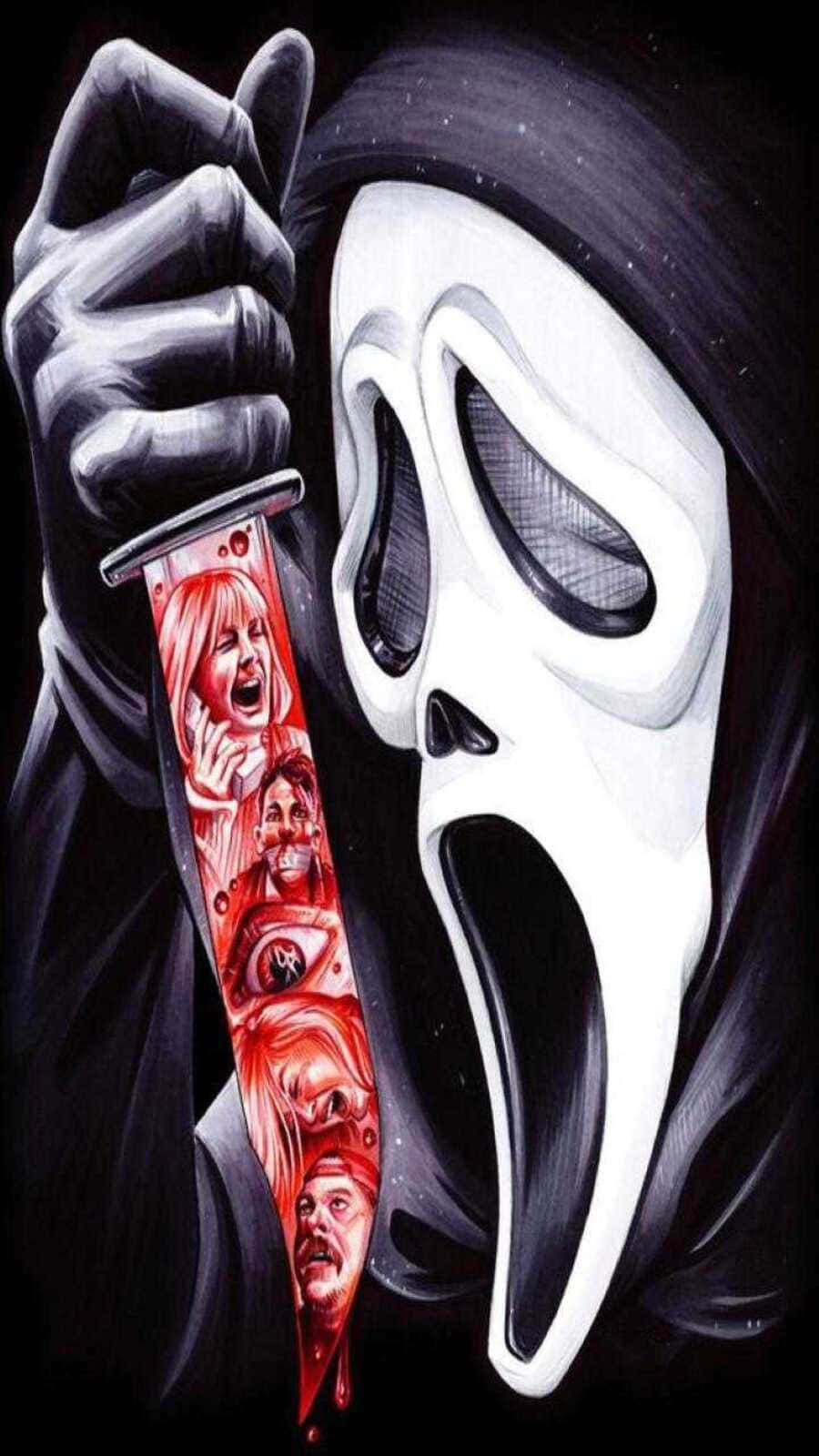 Ghostface Aesthetic 桌布 壁紙 — 《驚聲尖叫》中的鬼面人手持一把沾滿鮮血的刀，刀鋒上刻有受害者的面孔，背景是黑暗的星空。
