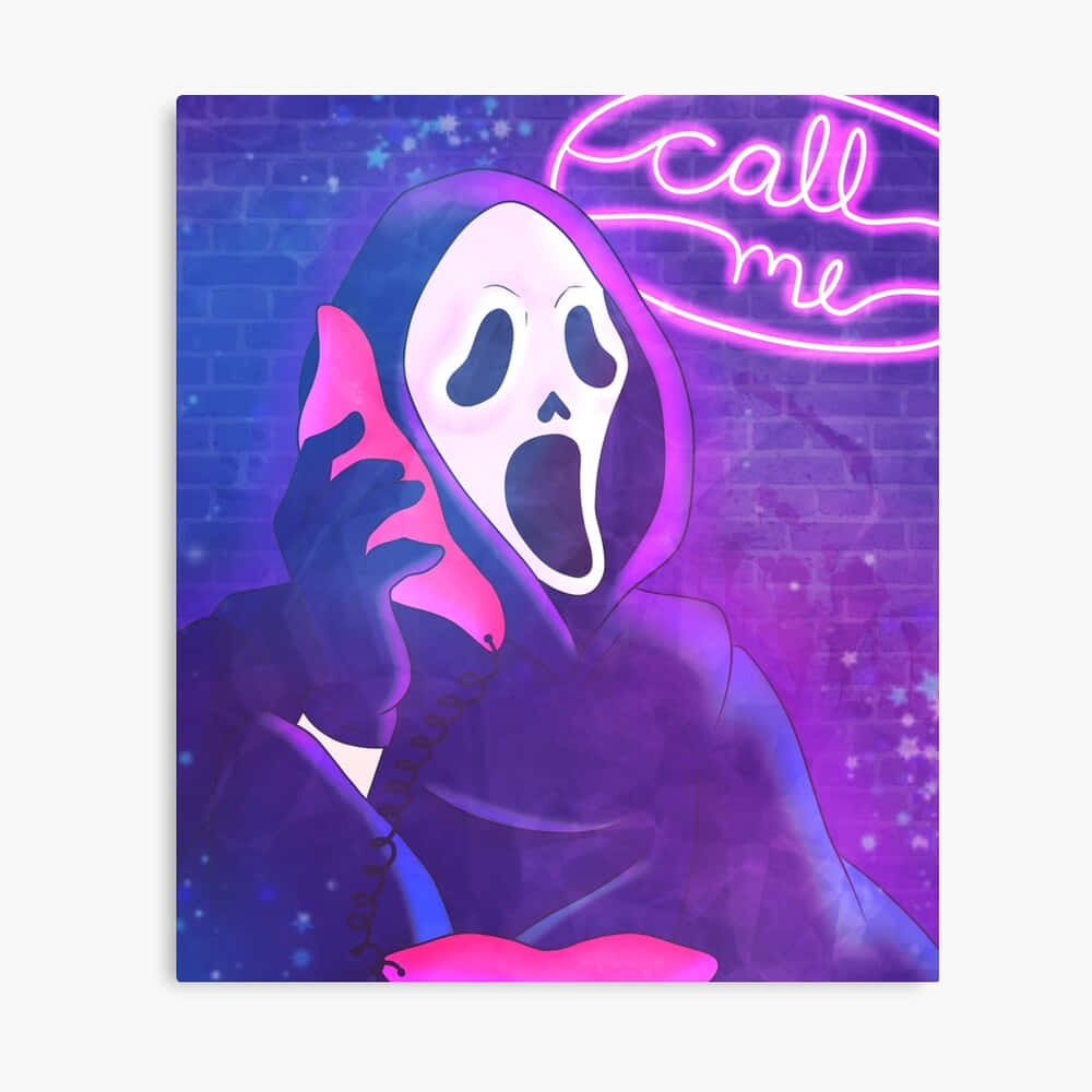Cute Ghost 桌布 壁紙 — 《驚聲尖叫》中的鬼面人拿著粉紅色電話，靠在紫色磚牆上，下方有一個發光的霓虹燈牌寫著「call me」。