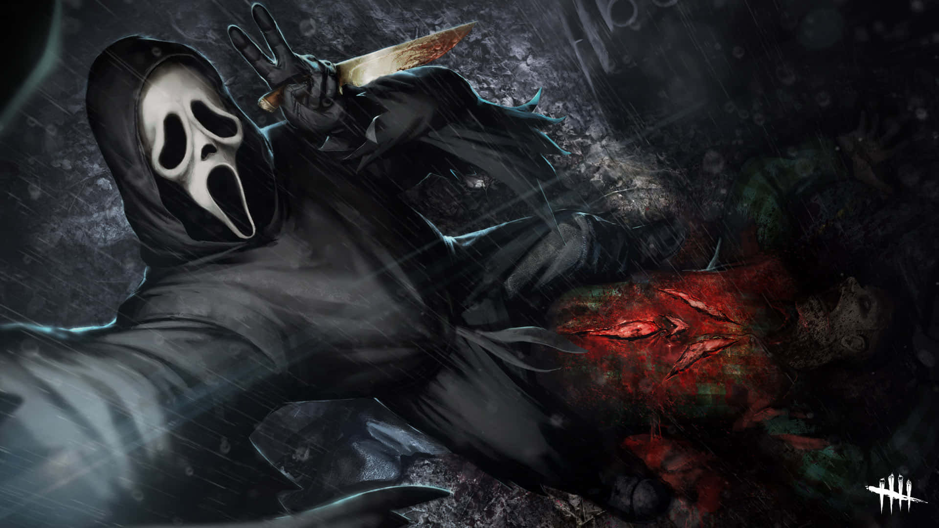 Dead By Daylight Killers 桌布 壁紙 — 《驚聲尖叫》中的鬼面在黑暗的雨巷中，手持血刀對準一名傷口發紅光的受害者。
