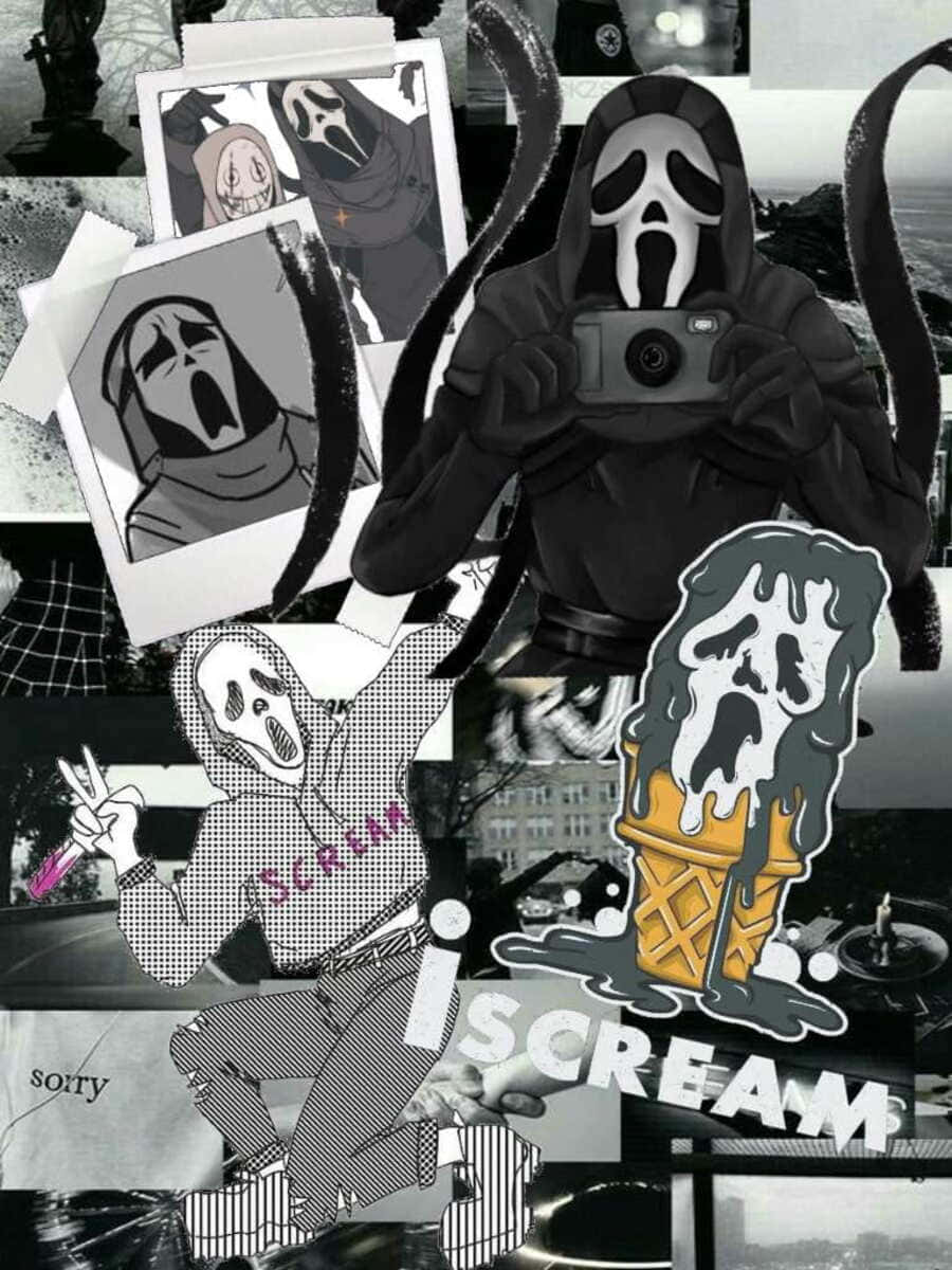 Ghostface Aesthetic 桌布 壁紙 — 《驚聲尖叫》電影角色黑白拼貼畫，附有融化中的冰淇淋甜筒，上面有鬼臉面具。