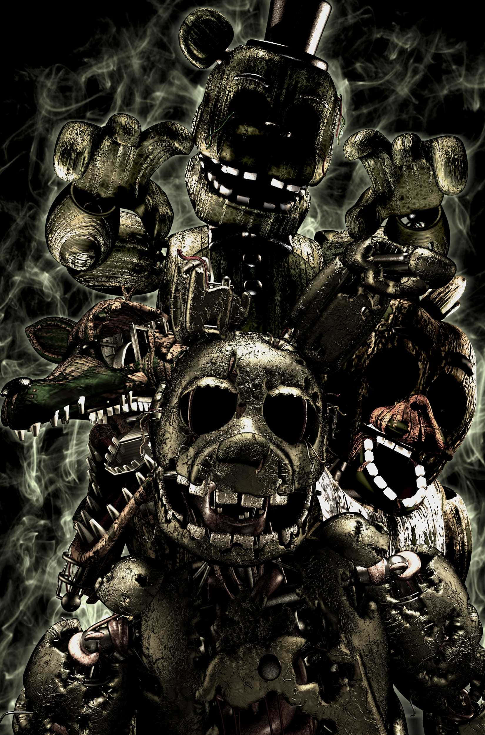 Scary Fnaf 桌布 壁紙 — 骯髒的電子動畫角色，牙齒破損，煙霧漩渦，營造出威脅性的恐怖場景。