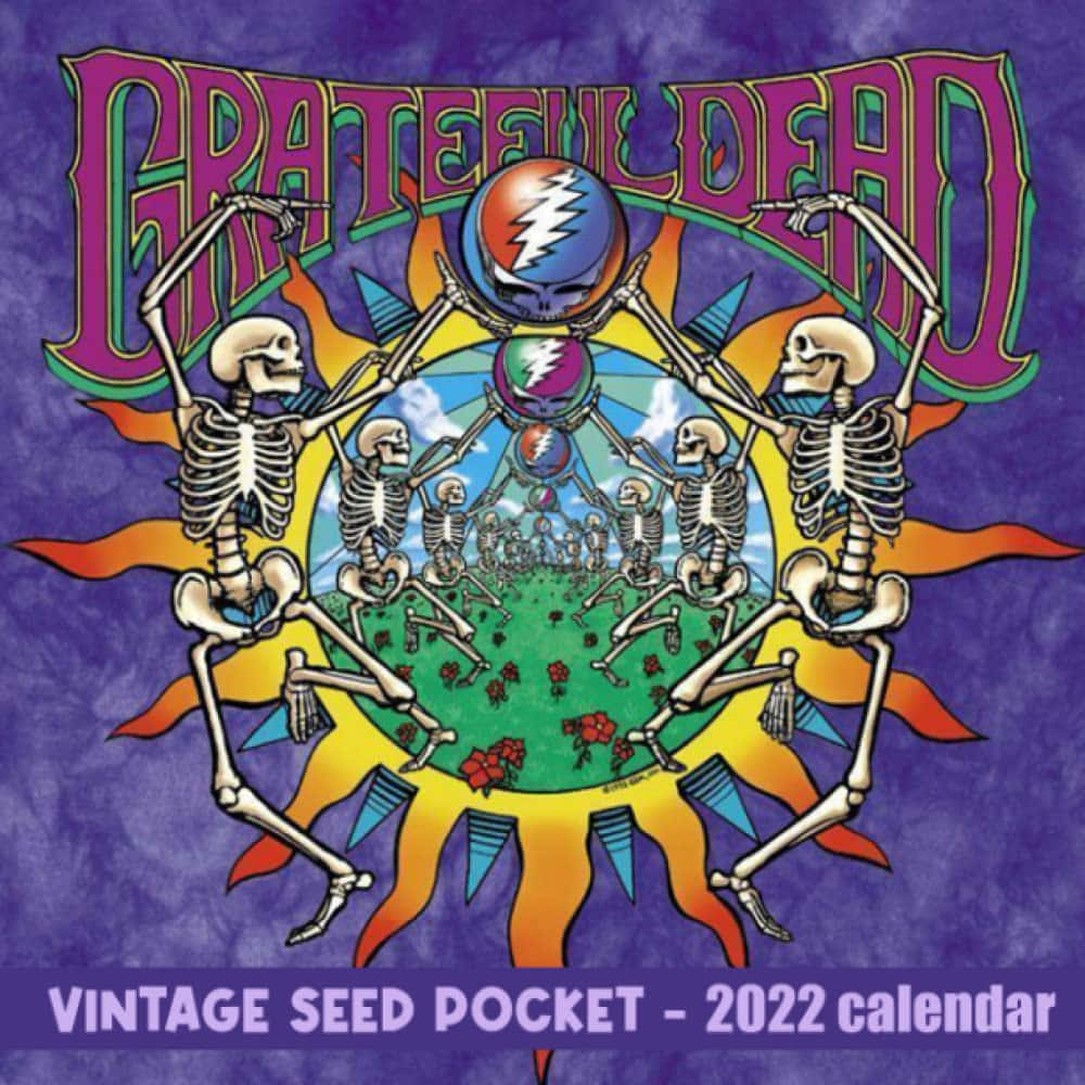 Grateful Dead iPhone 桌布 壁紙 — 骷髏人物在迷幻的陽光中圍繞中央頭骨球體跳舞，下方有 'Grateful Dead' 字樣。