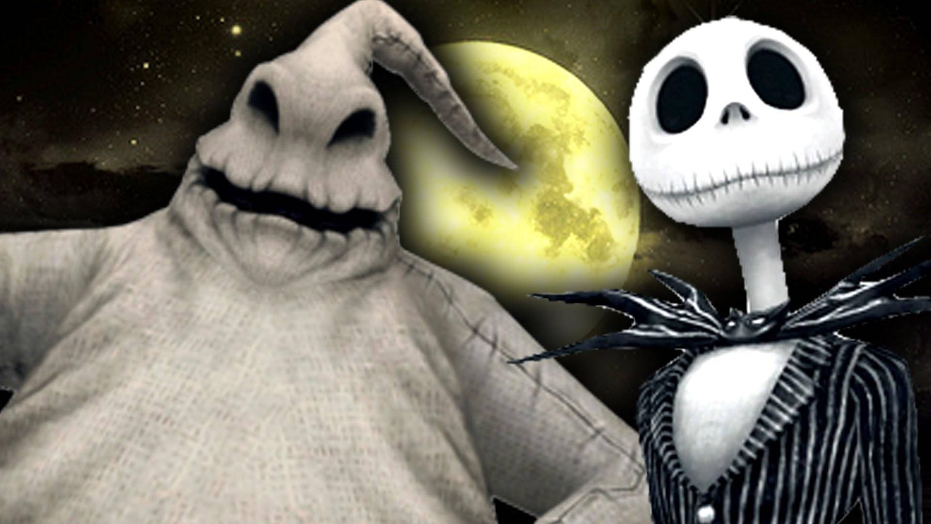 nightmare 桌布 壁紙 — 骷髏傑克·史基靈頓和烏基·布基站在黑暗星空夜空中發光的黃色月亮前。