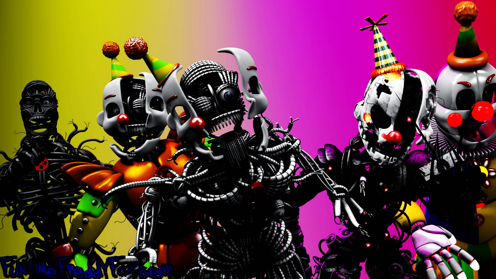 Ennard 桌布 壁紙 — 骷髏小丑戴著派對帽，眼睛發光，機械肢體，站在充滿活力的漸變背景前。