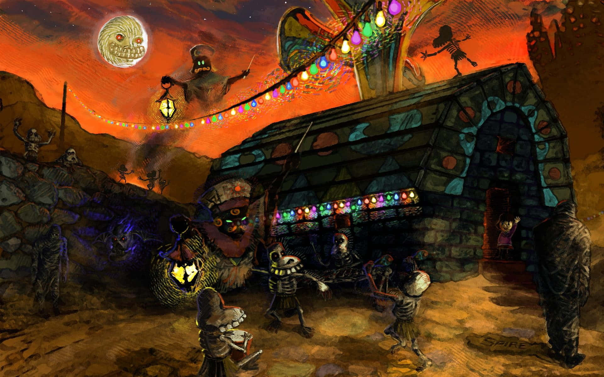 Haunted House 桌布 壁紙 — 骷髏形狀在微笑的月亮下，於色彩繽紛的鬼屋前，在火紅橙色的天空中跳舞。