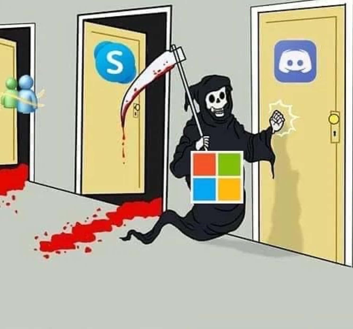 meme 桌布 壁紙 — 骷髏形狀的人物胸口有Microsoft標誌，在帶有Skype和Discord標誌的門附近揮舞著沾滿血的鐮刀。