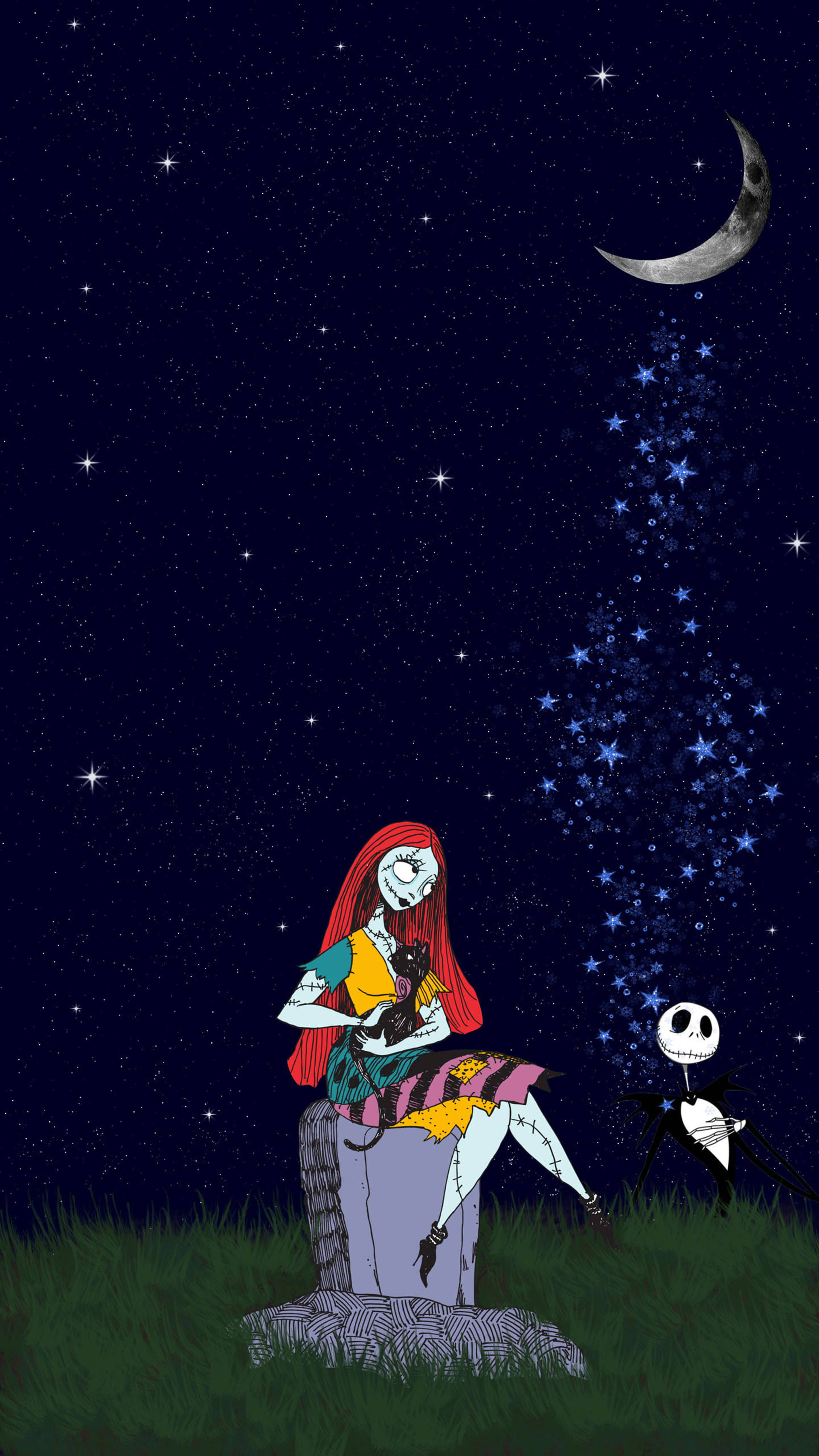 Sally 桌布 壁紙 — 骷髏情侶坐在墓碑上，背景是星空、新月和流星。
