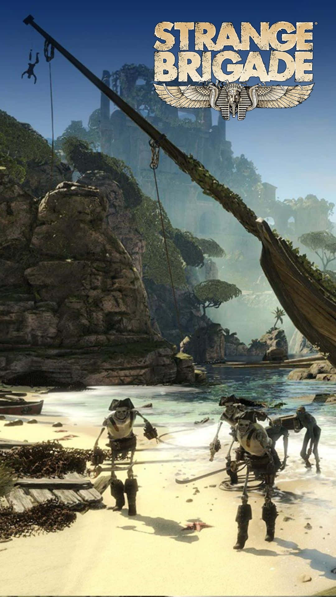 Android Strange Brigade 桌布 壁紙 — 骷髏戰士在陽光明媚的海灘上，在一艘失事船隻旁邊，在晴朗的藍天下行進，背景迷霧中有古代遺跡。