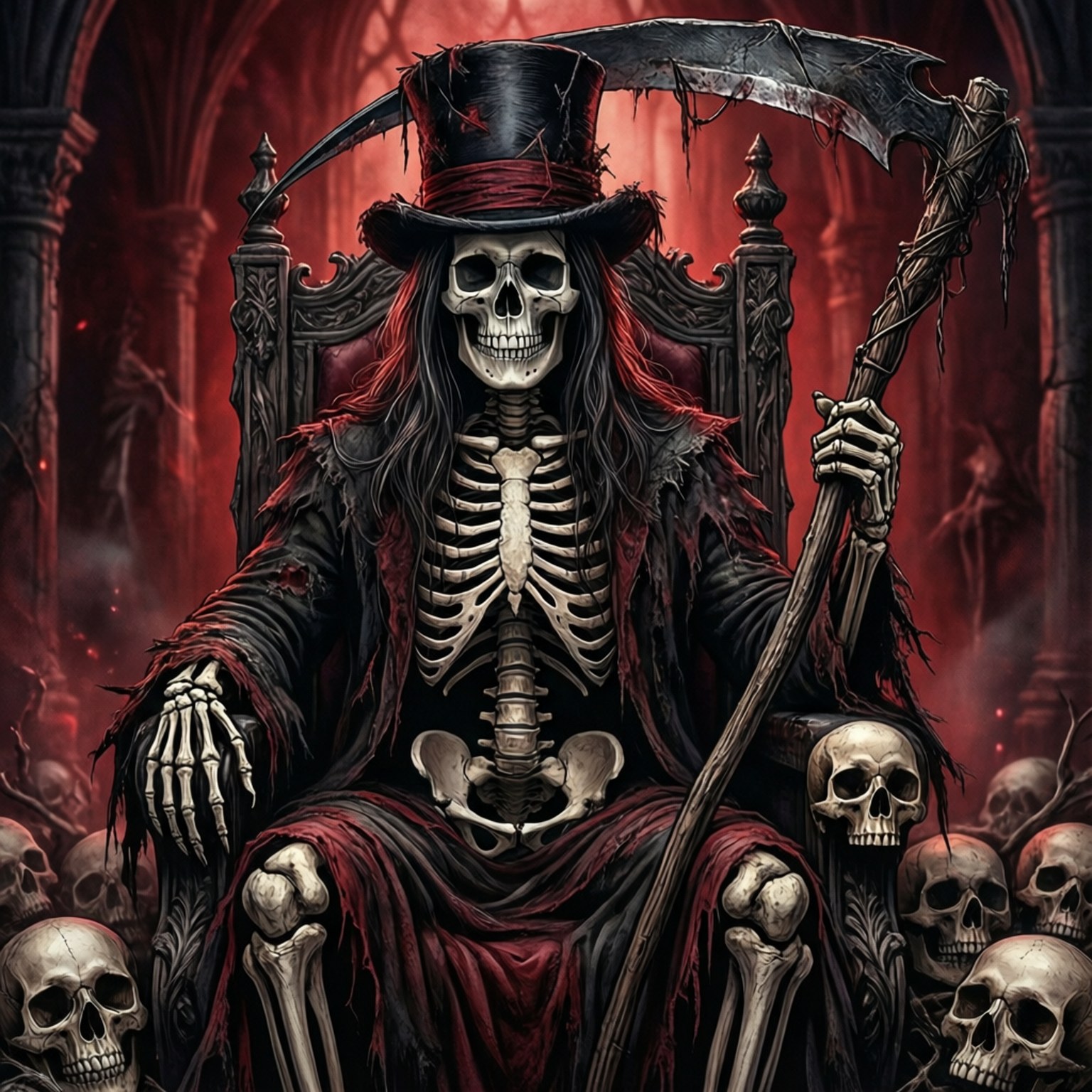 骷髏死神王座 壁紙 — 一個戴著高頂帽、身穿破爛斗篷的骷髏人物，威嚴地坐在被頭骨環繞的王座上，手持鐮刀，身處紅光籠罩的哥德式大教堂中。