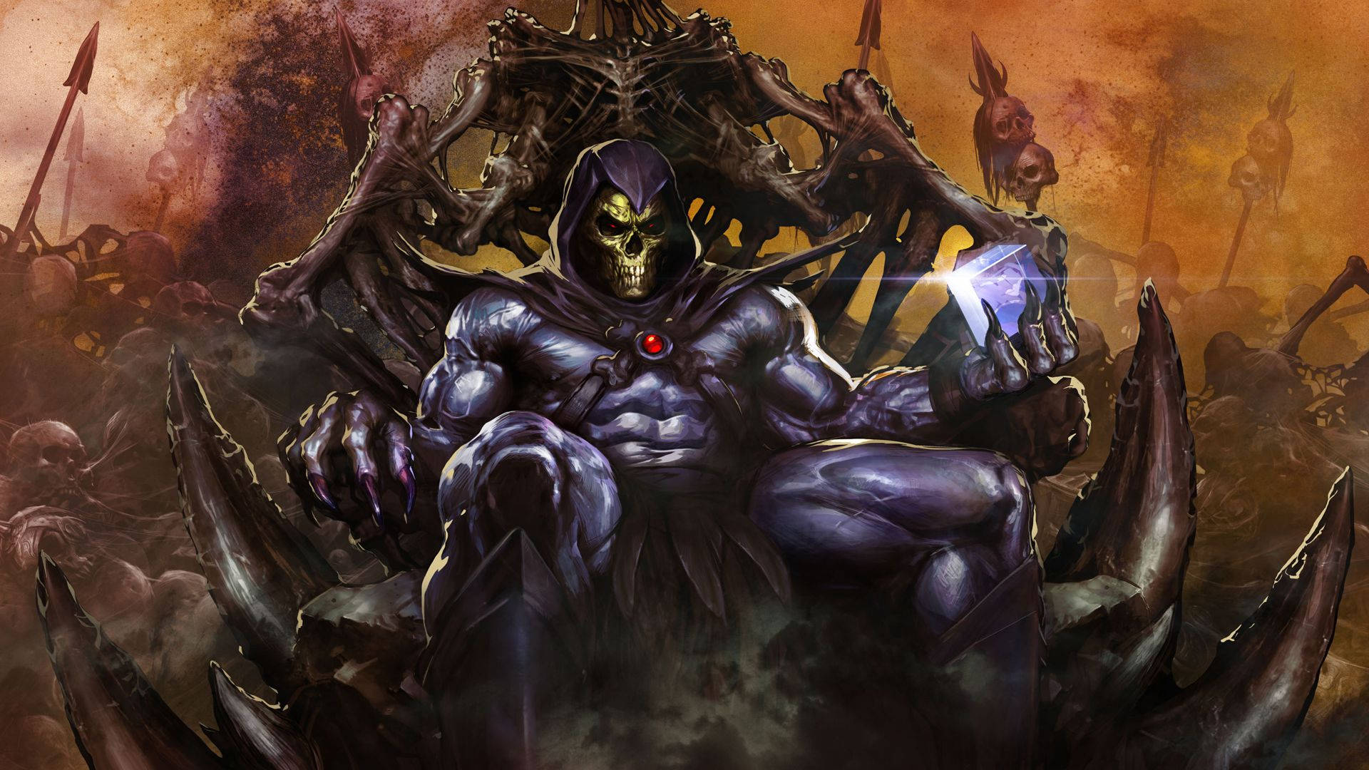 skeletor 桌布 壁紙 — 骷髏王坐在骨頭王座上，手持發光球體，身處火熱的末日景象中，氣勢洶洶。