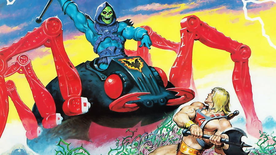 he man 桌布 壁紙 — 骷髏王騎著一輛紅色蜘蛛狀的車輛，威嚇地行駛，而希曼則挑釁地站在下方，呈現出充滿活力的漫畫風格。