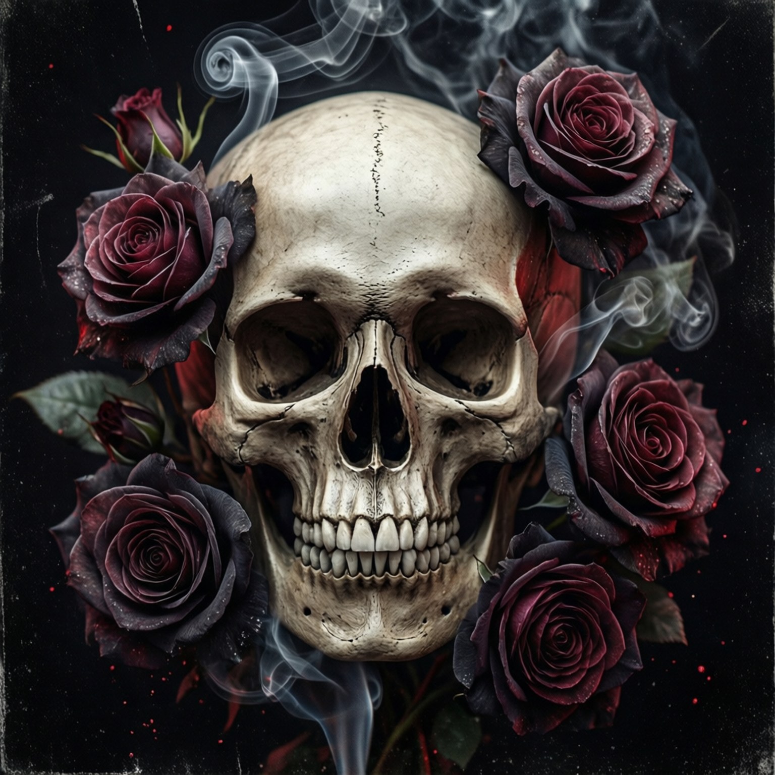 骷髏與玫瑰 壁紙 — 一個人類頭骨被深紅色玫瑰環繞，縷縷煙霧在黑色背景上升起。